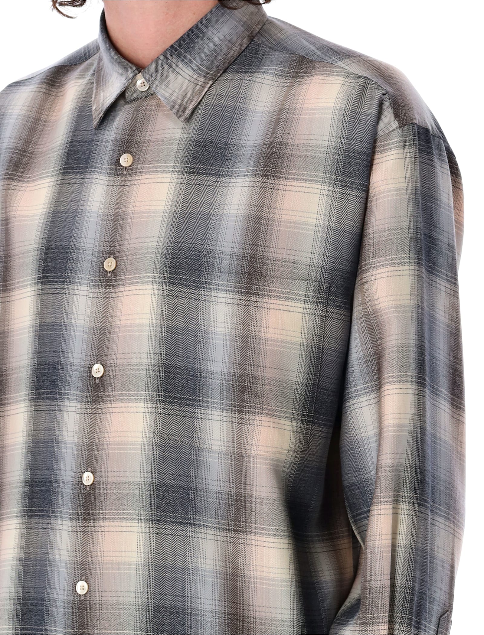 Shop Auralee Super Light Wool Check Shirt In Beige Blu Check