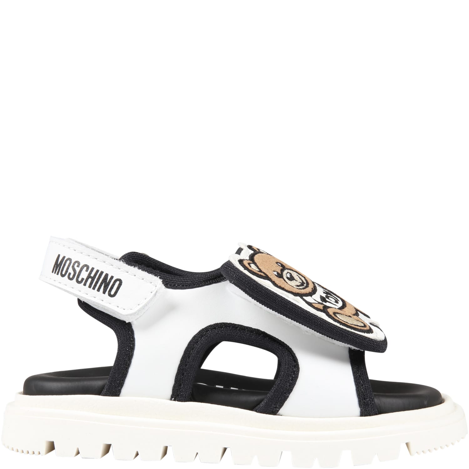 Moschino White Sandals For Kids With Teddy Bear And Black Logo