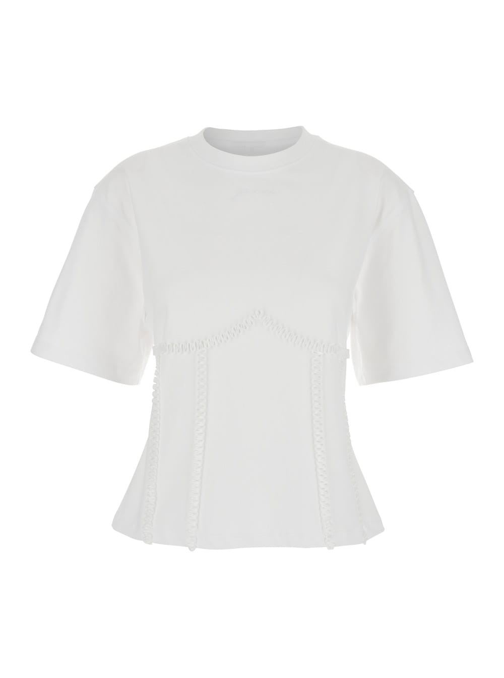 White Crewneck T-shirt With Front Embellishments And Rear Bow Closure In Cotton Woman