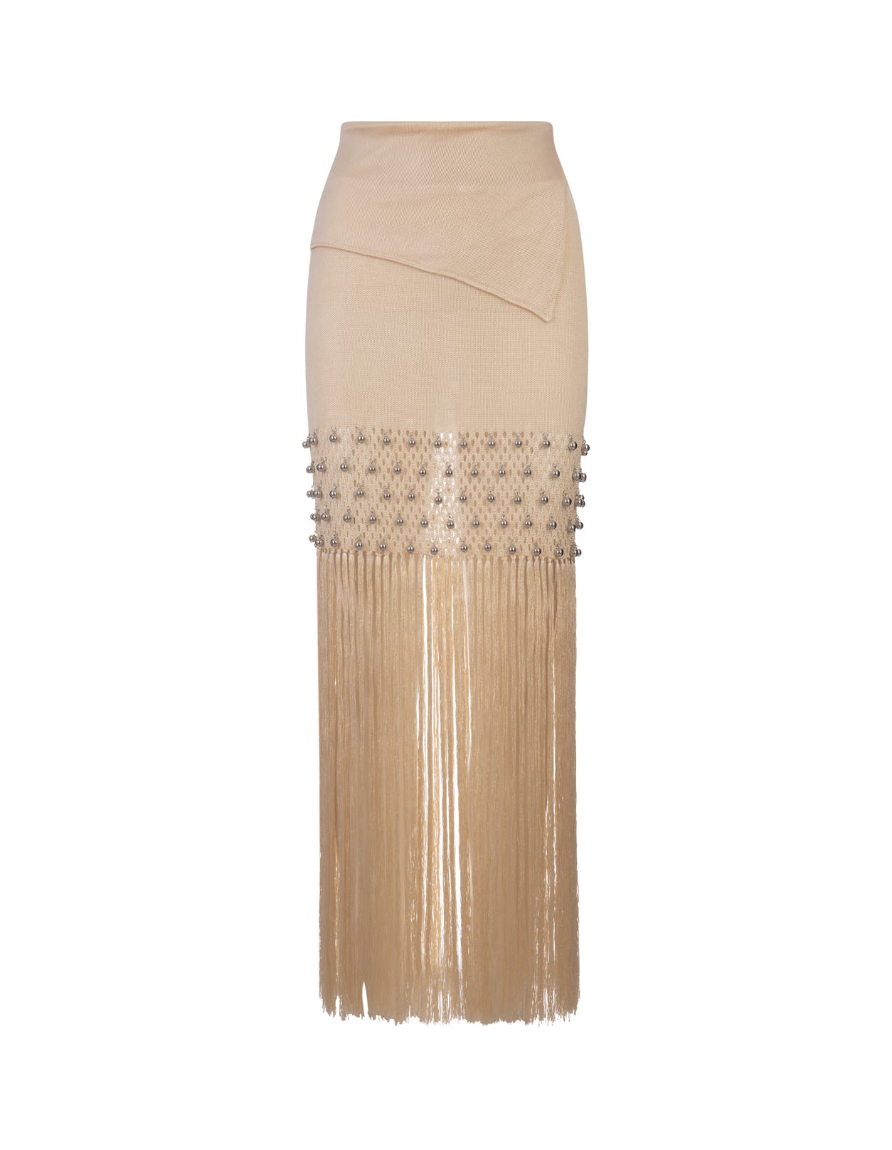 Nude Long Skirt With Fringes And Pearls