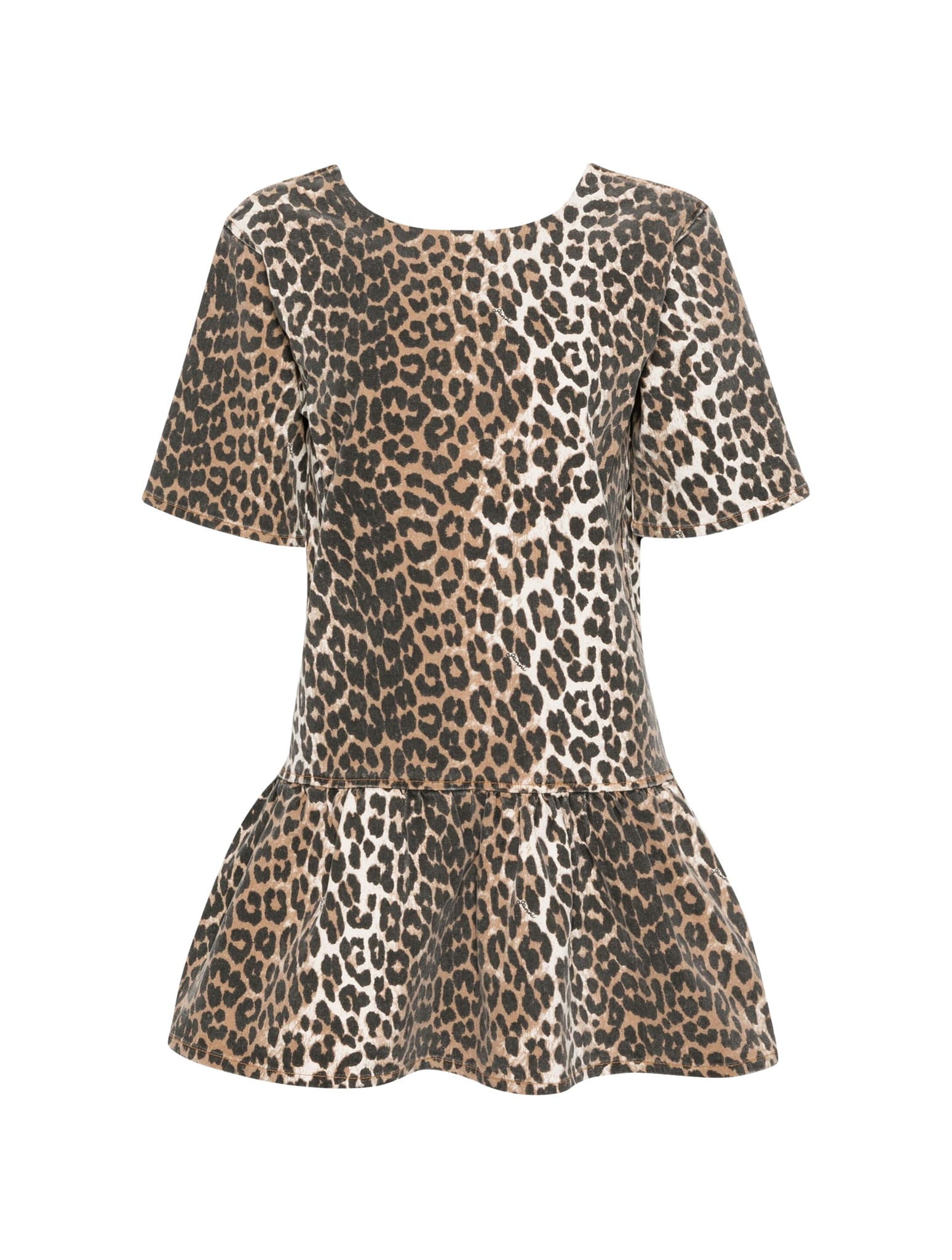 Shop Ganni Print Denim Open-back Mini Dress In Leopard