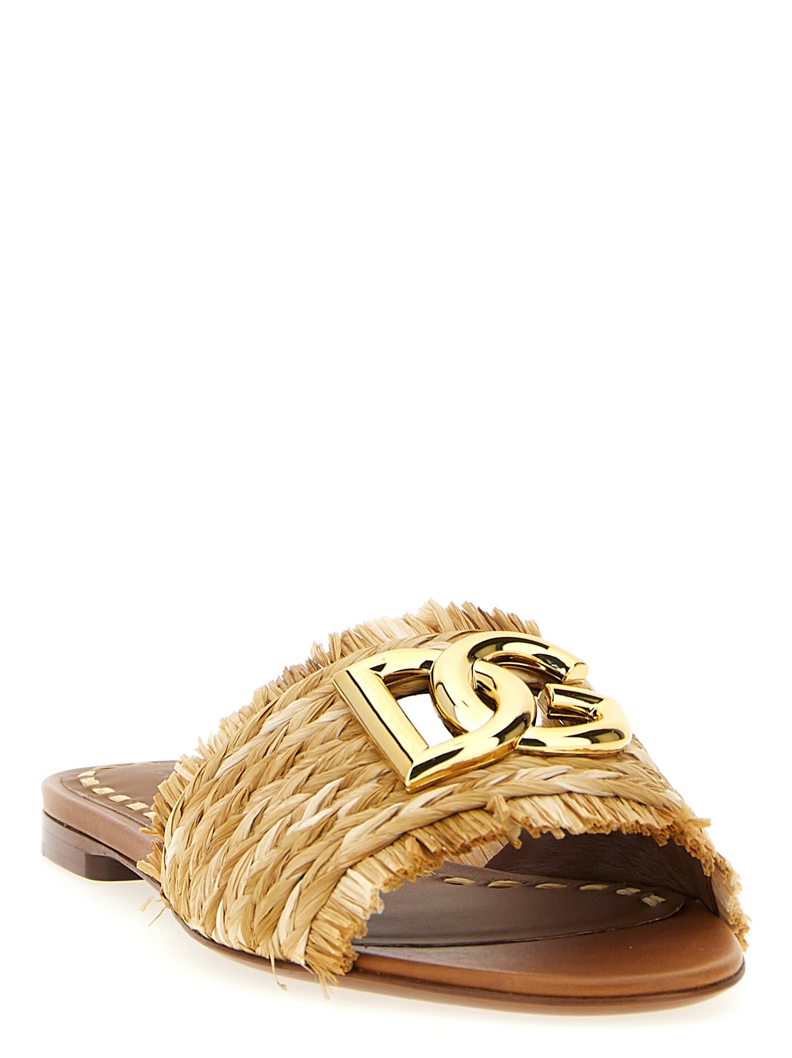 Dolce & Gabbana Beige Raffia Braid Slipper In Orange