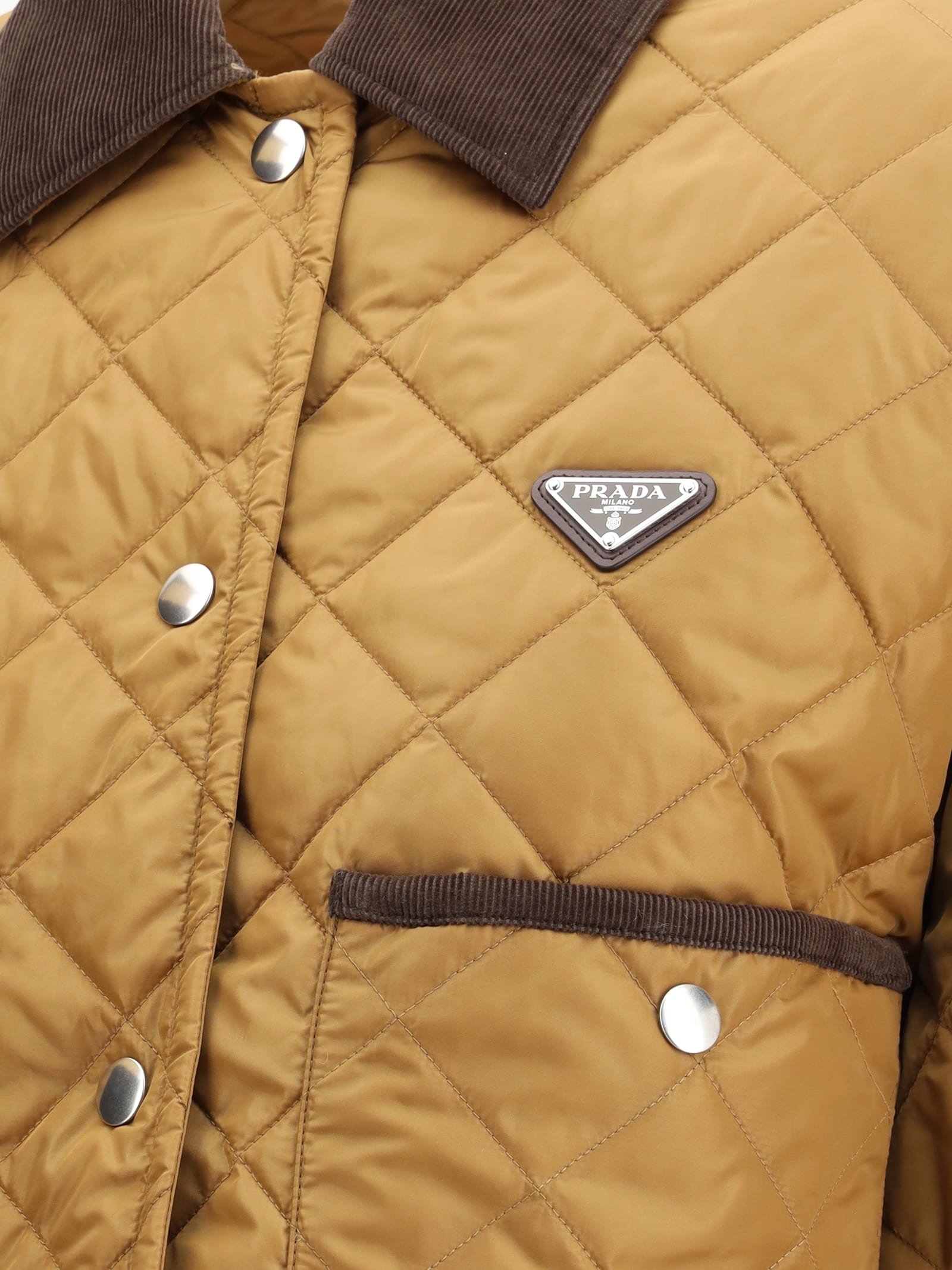 Prada Quilted Re-nylon Jacket Contrast Collar In Brown