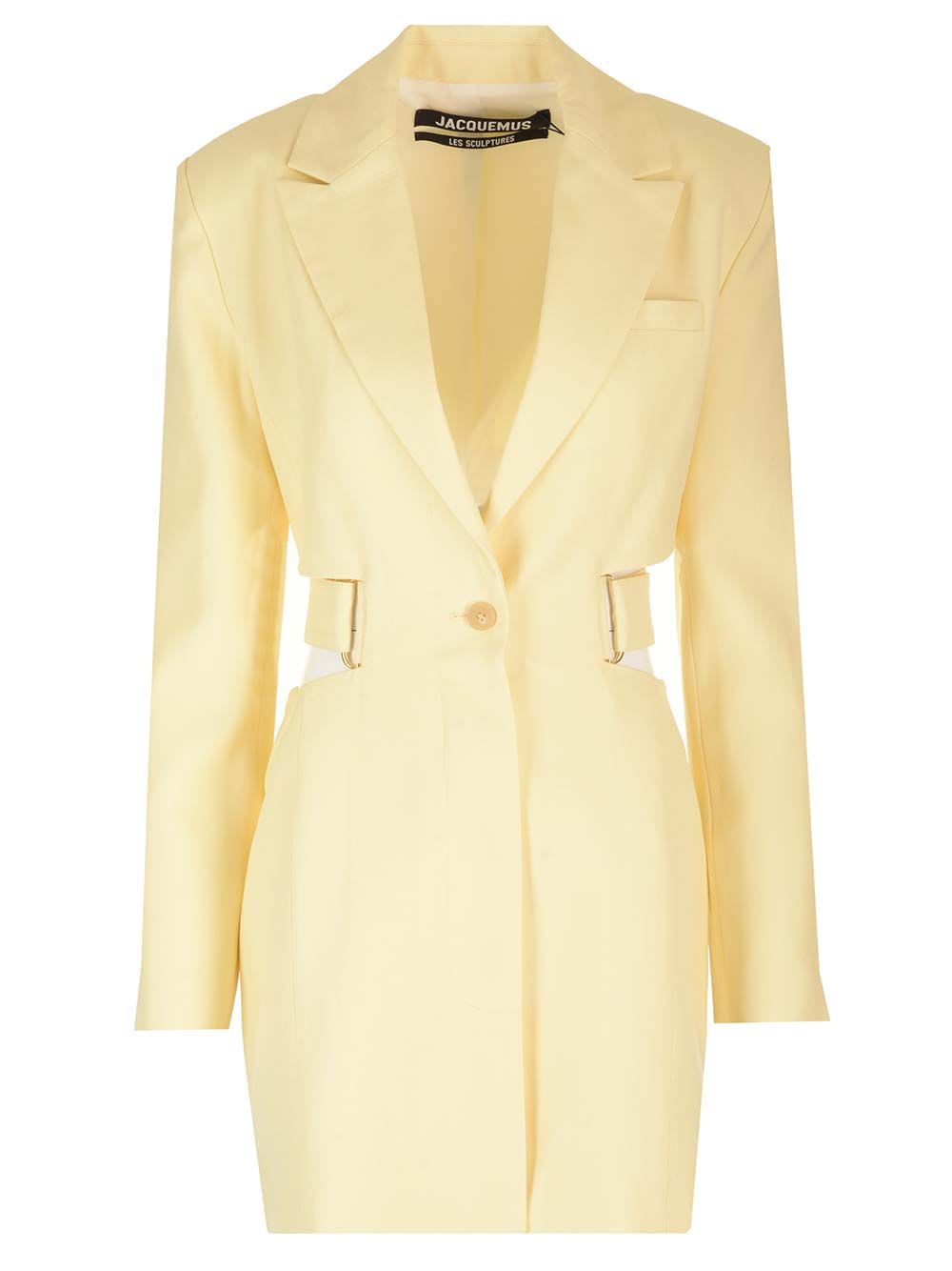 Jacquemus Bari Belted Cutout Single-breasted Mini Blazer Dress In Yellow