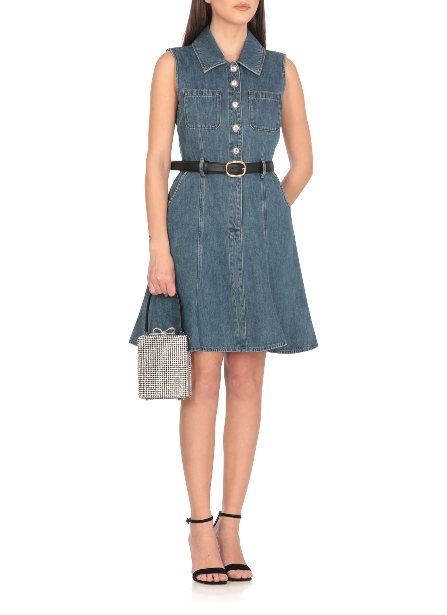 Self-portrait Crystal-embellished Fishnet Top Handle Bag In Gray