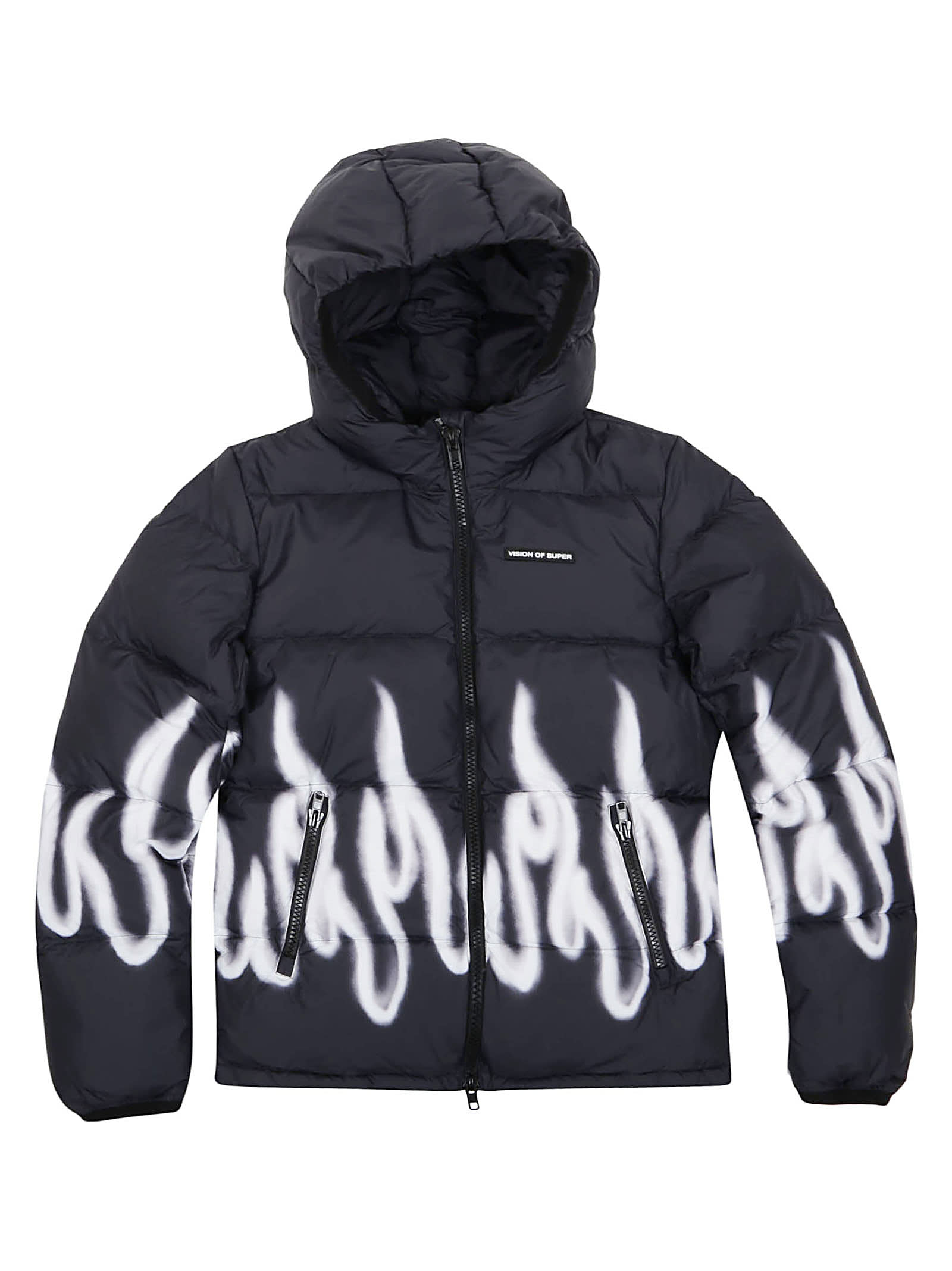 Vision of Super Polyester Black Puffy Outwear With White Flames
