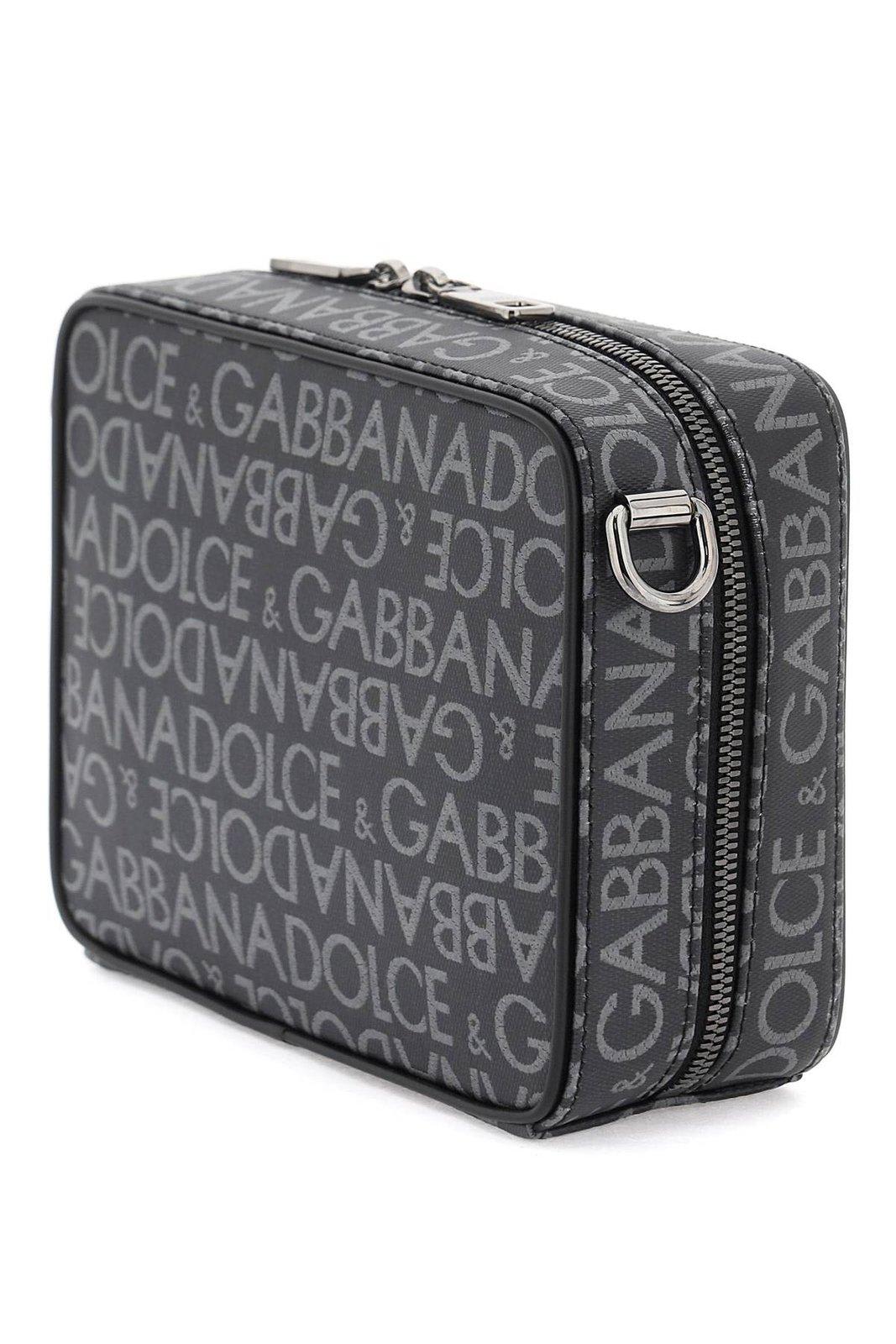 Shop Dolce & Gabbana Logo Printed Zipped Shoulder Bag In Black/grey