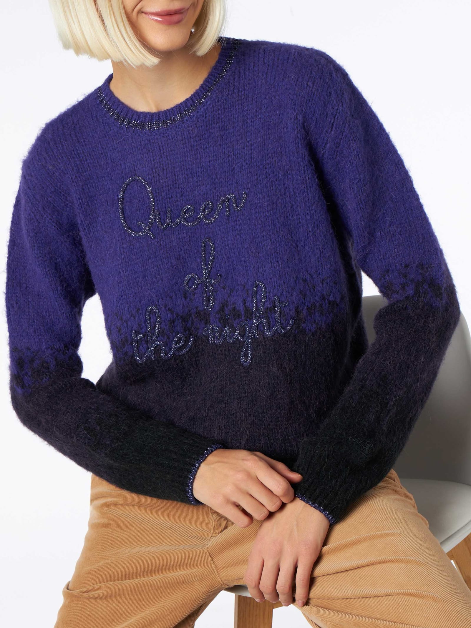 Shop Mc2 Saint Barth Woman Crewneck Soft Sweater With Queen Of The Night Embroidery In Black