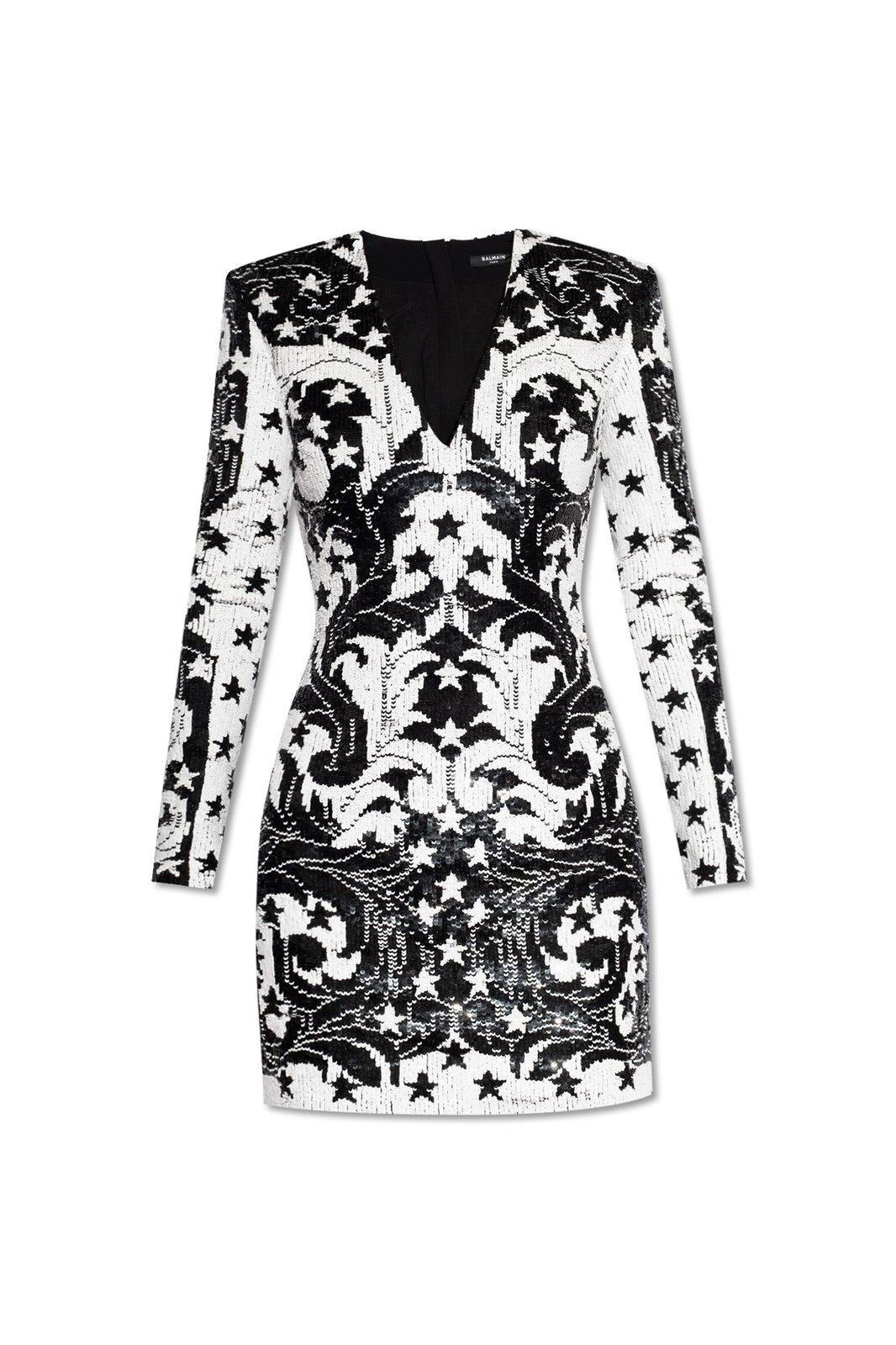 Shop Balmain V-neck Sequin Embellished Mini Dress In Black/white