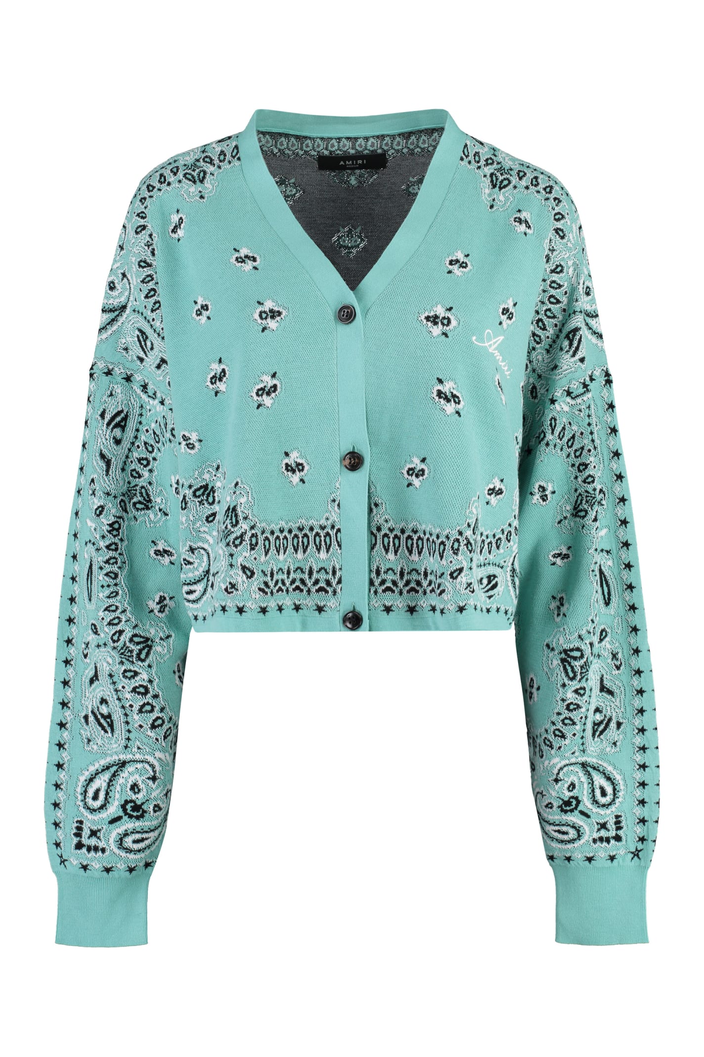 Shop Amiri Cropped-length Knitted Cardigan In Green