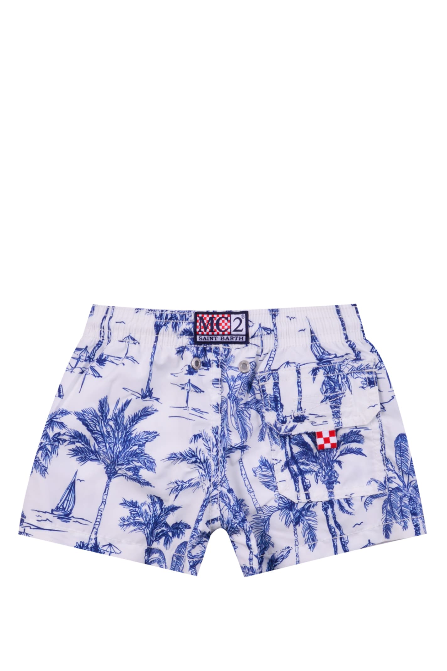 Shop Mc2 Saint Barth Shorts Swimsuit With Palms Print In Blue