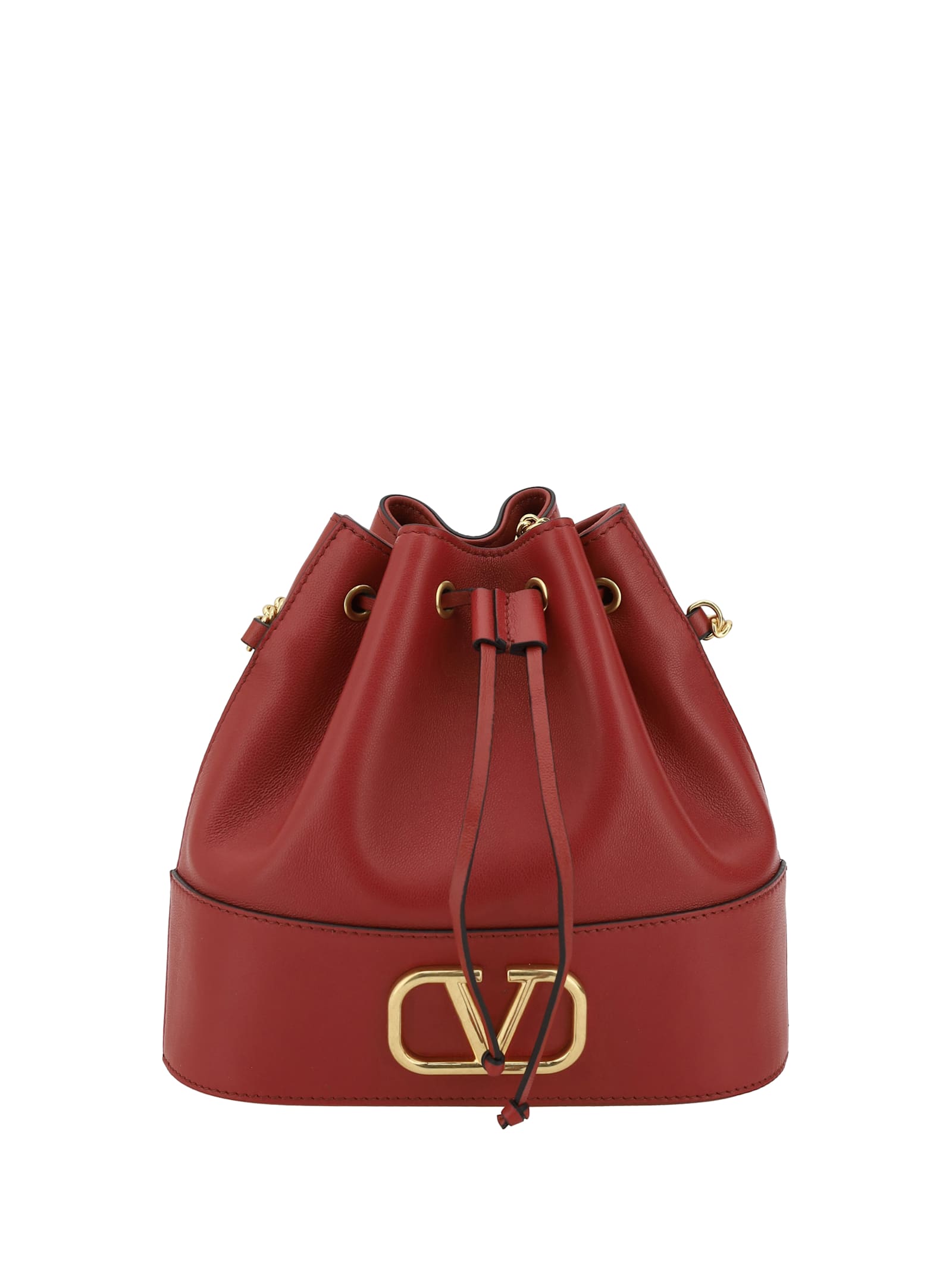 Valentino Signature Leather Bucket Bag With Chain Strap In Red