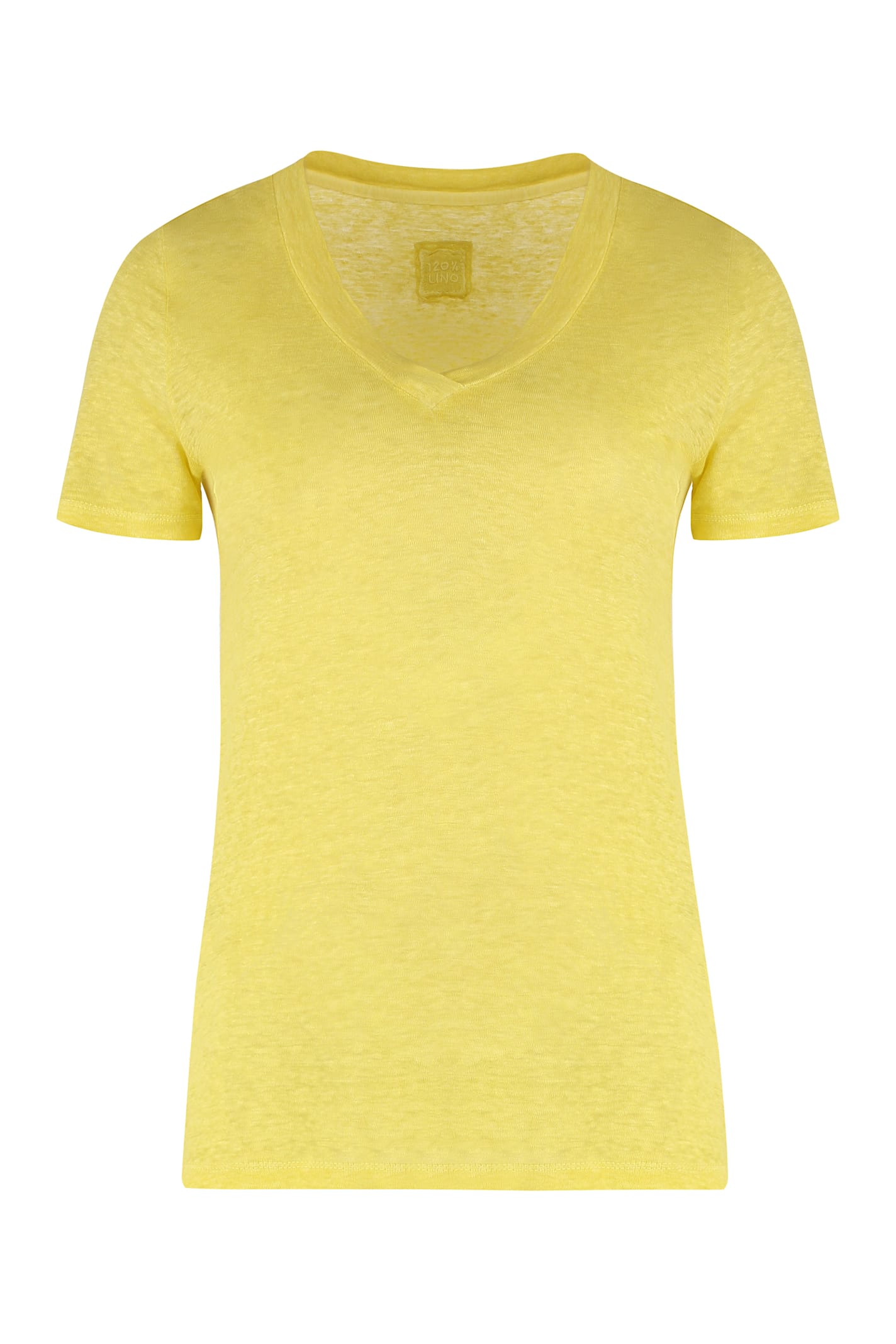 120% Lino V-neck Linen T-shirt In Yellow