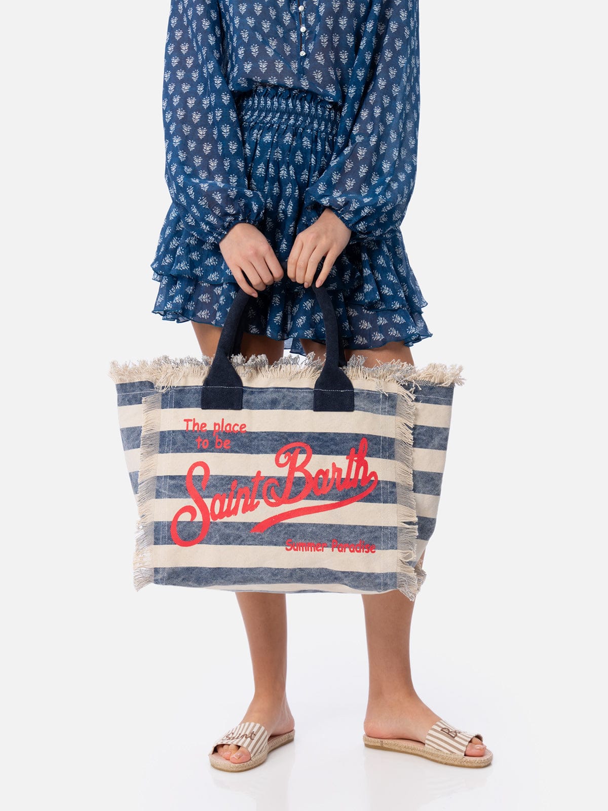 Mc2 Saint Barth Blue Striped Cotton Canvas Vanity Tote Bag In Blue