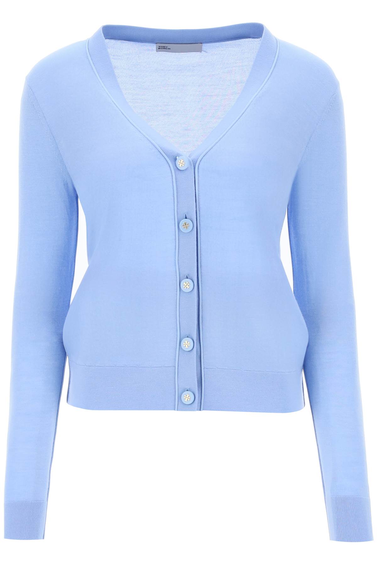 Shop Tory Burch Simone Wool And Silk Cardigan In Cerulean Sky (light Blue)