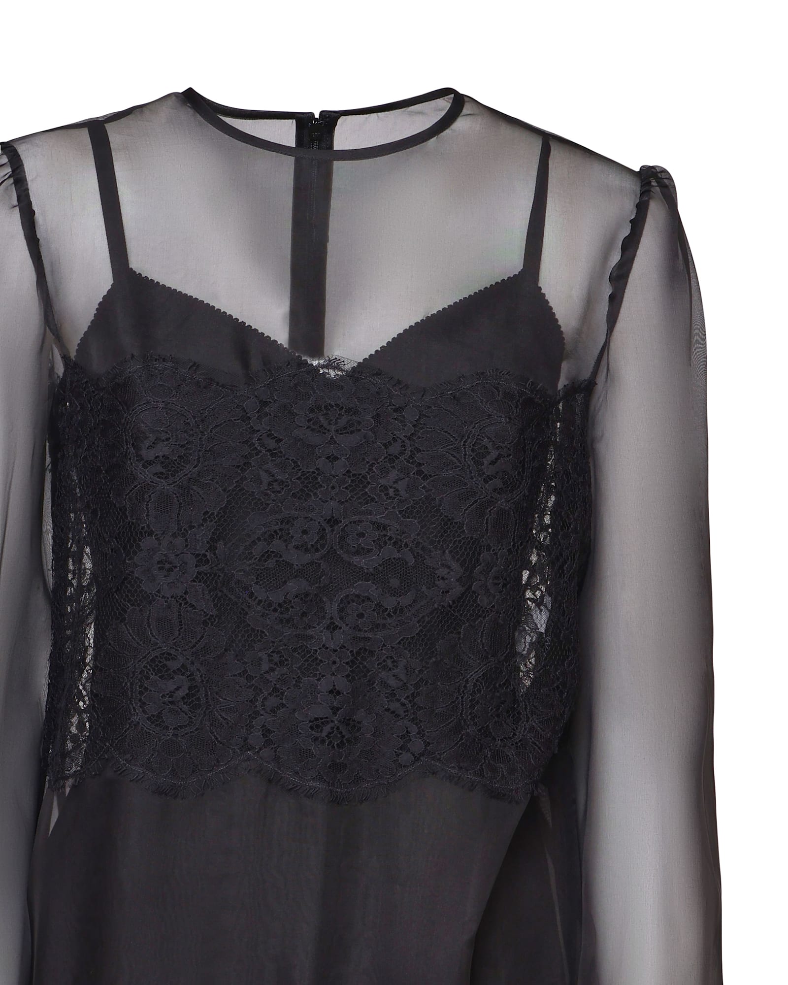 Dolce & Gabbana Short Dress In Silk Organza With Lace Inlays In Black