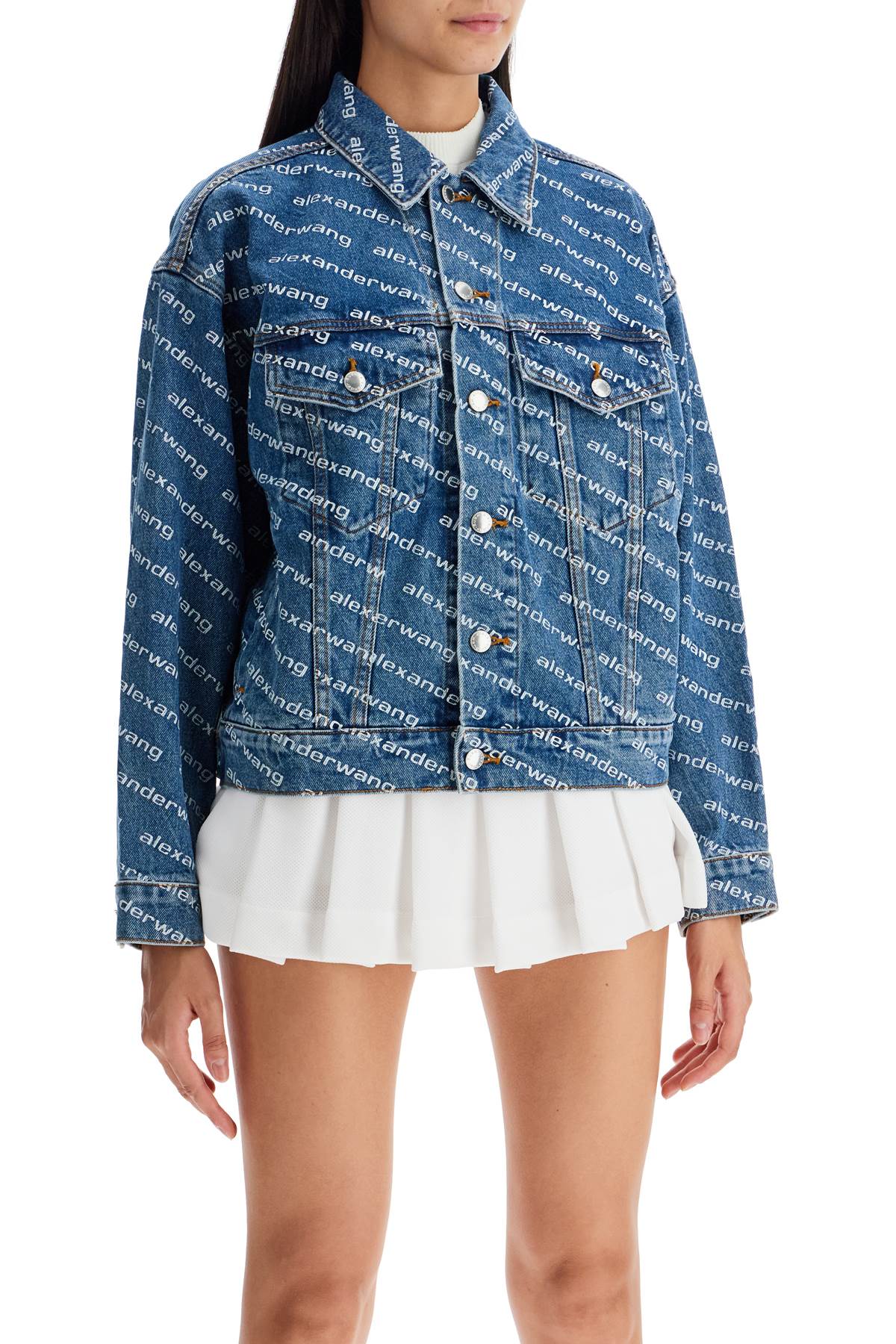 Shop Alexander Wang Denim Logoed Jacket In Deep Blue/white (blue)