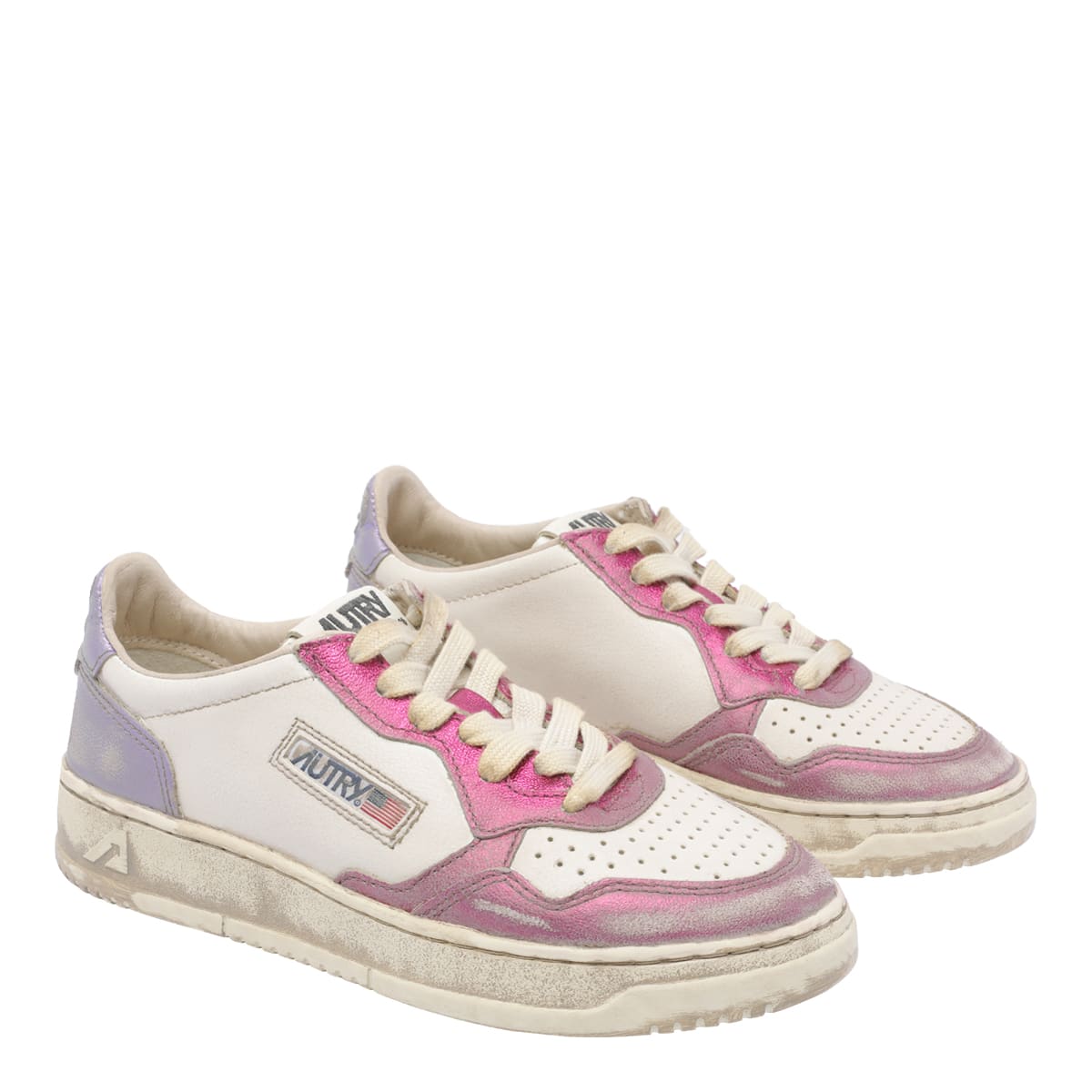 Autry Low-top Leather Sneakers With Vintage Effect In Multi