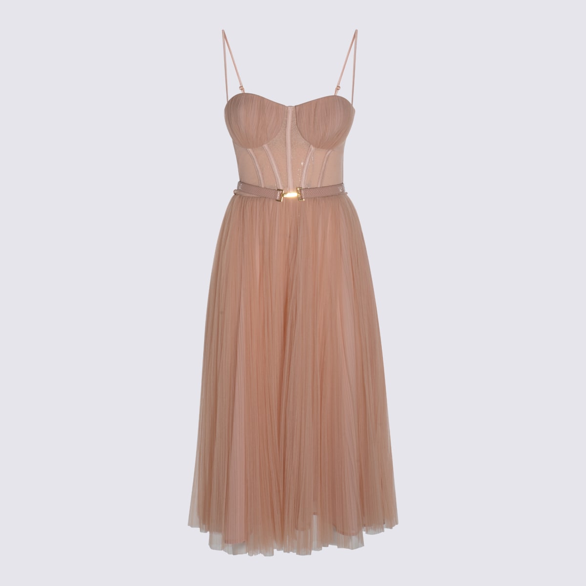 Elisabetta Franchi Midi Dress With Lace And Spaghetti Straps In Gold