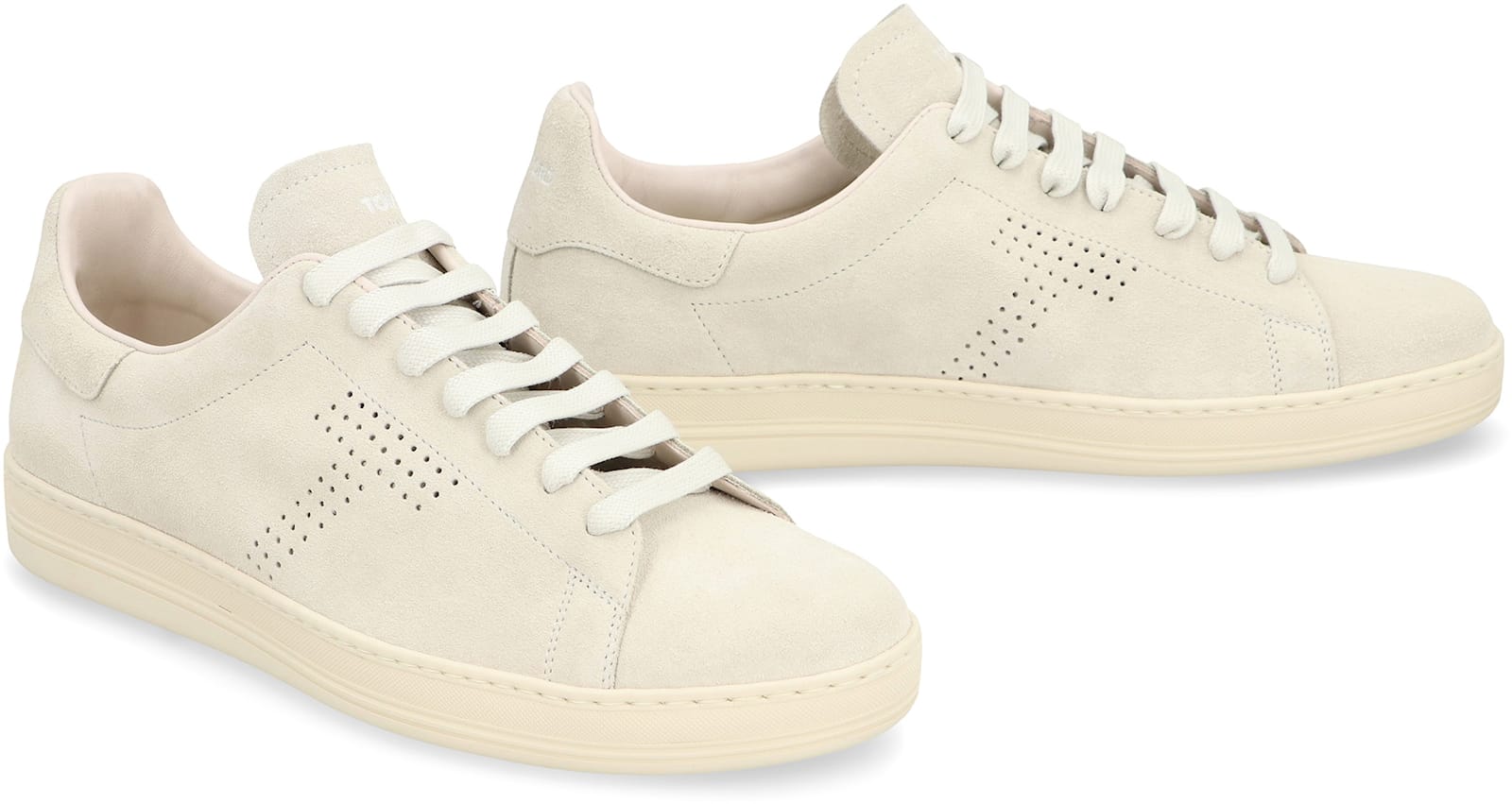 Tom Ford Leather Warwick Sneakers Rubber Sole Perforated Detailing In Panna