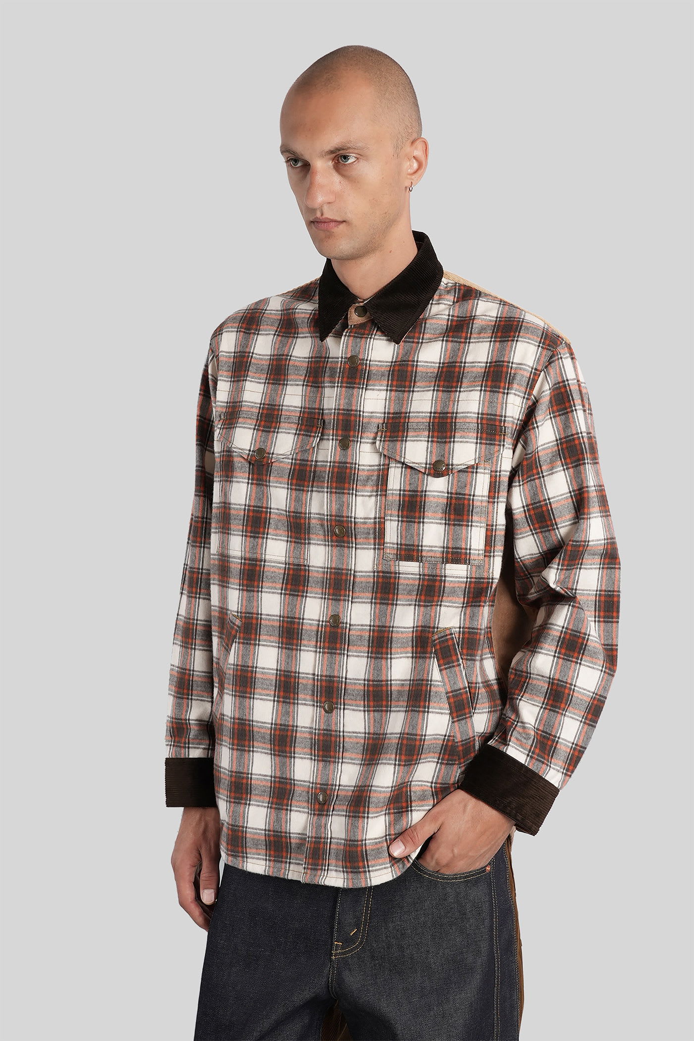 Junya Watanabe Checked Corduroy-paneled Overshirt In Brown