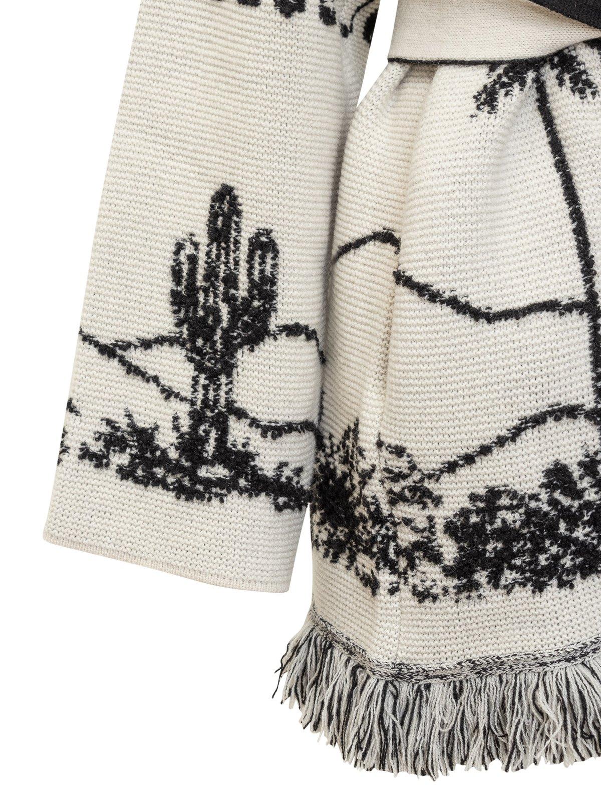 Shop Alanui Pattern Jacquard Fringed Belted Cardigan In White/black