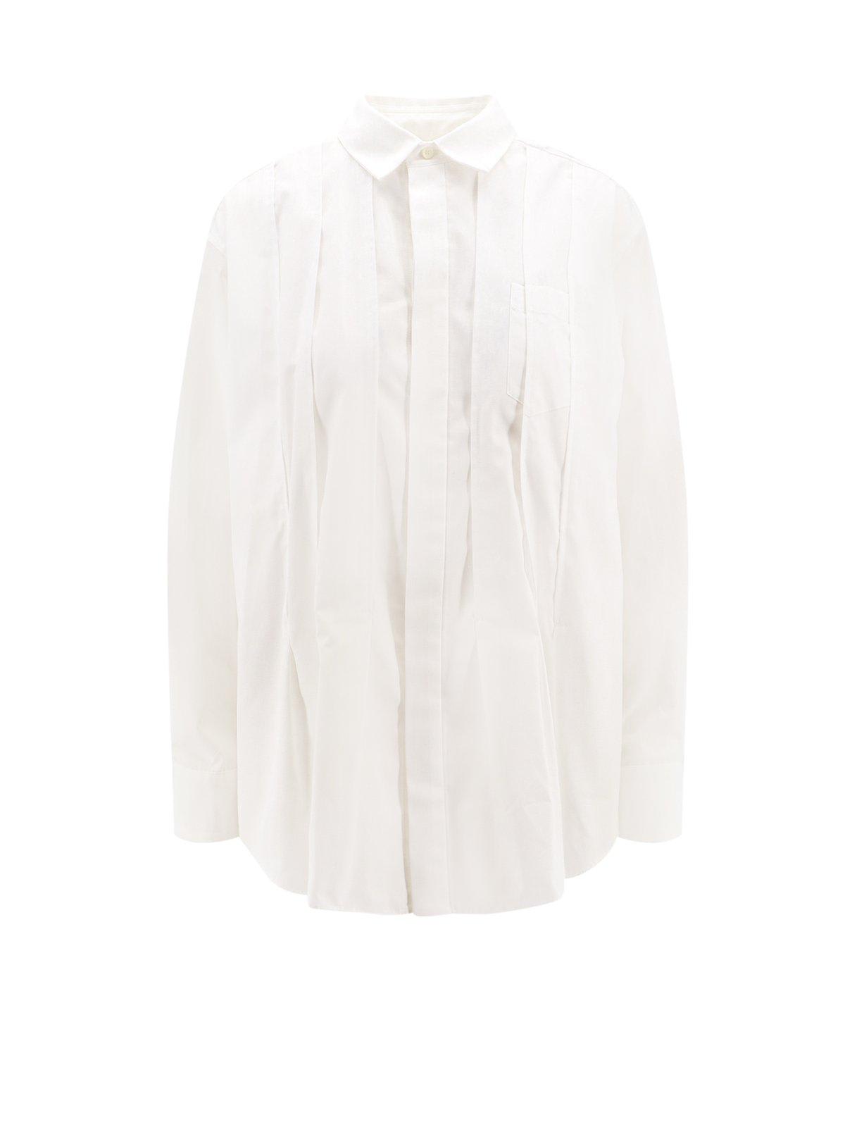 Shop Sacai Collared Pleated Long-sleeved Shirt In Bianco