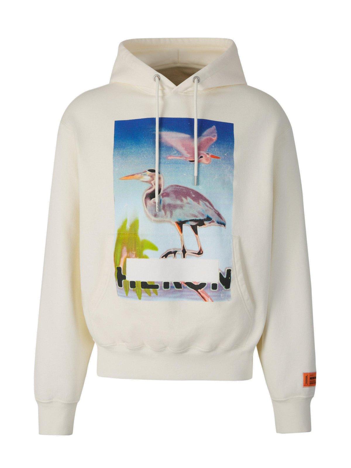 Heron Preston Graphic Printed Drawstring Hoodie In Avorio