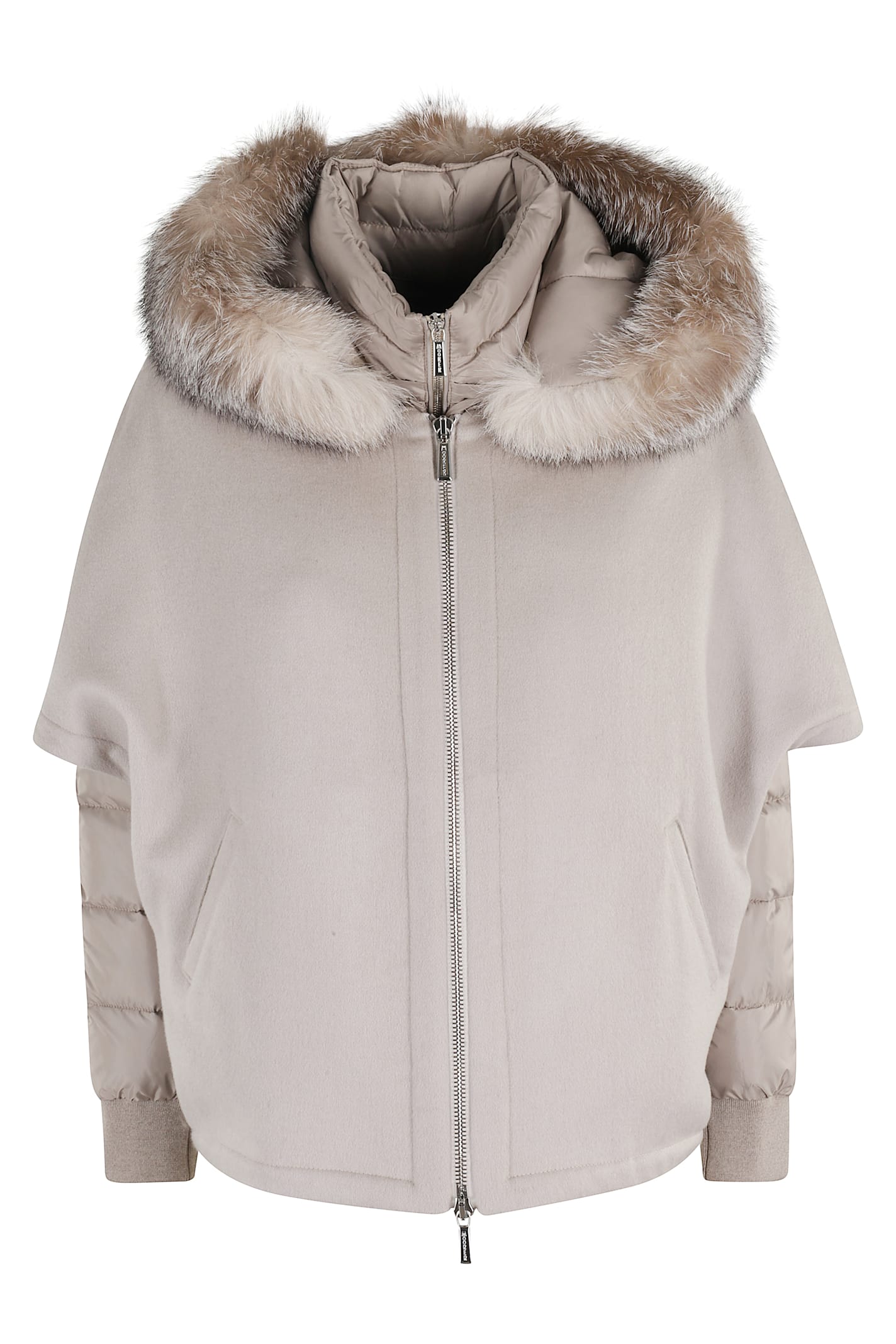 Moorer Almond Wool Cape Coat With Arctic Fox Fur Hood In Gray