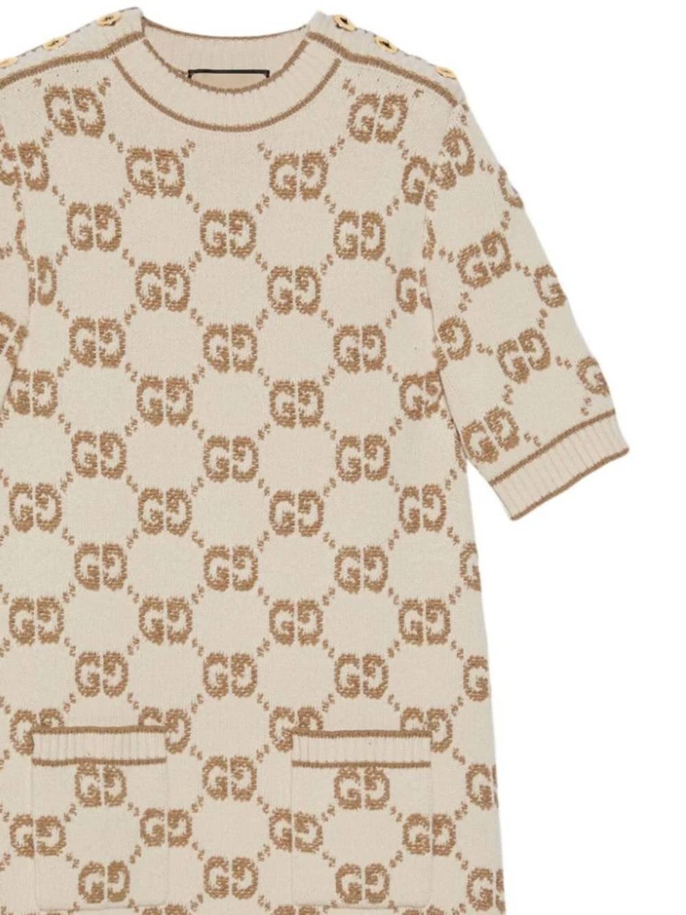 Shop Gucci Monogrammed Logo Intarsia Short-sleeve Dress In Beige