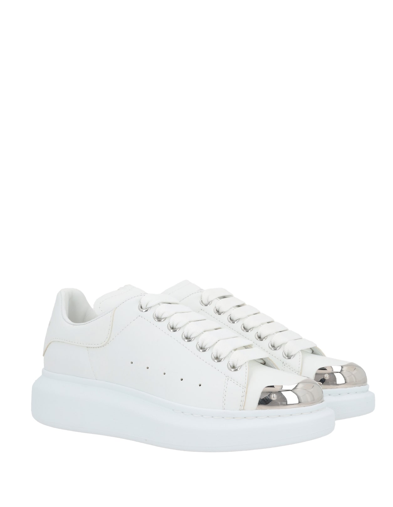 Shop Alexander Mcqueen White Oversized Sneakers With Silver Metal Toe In Bianco