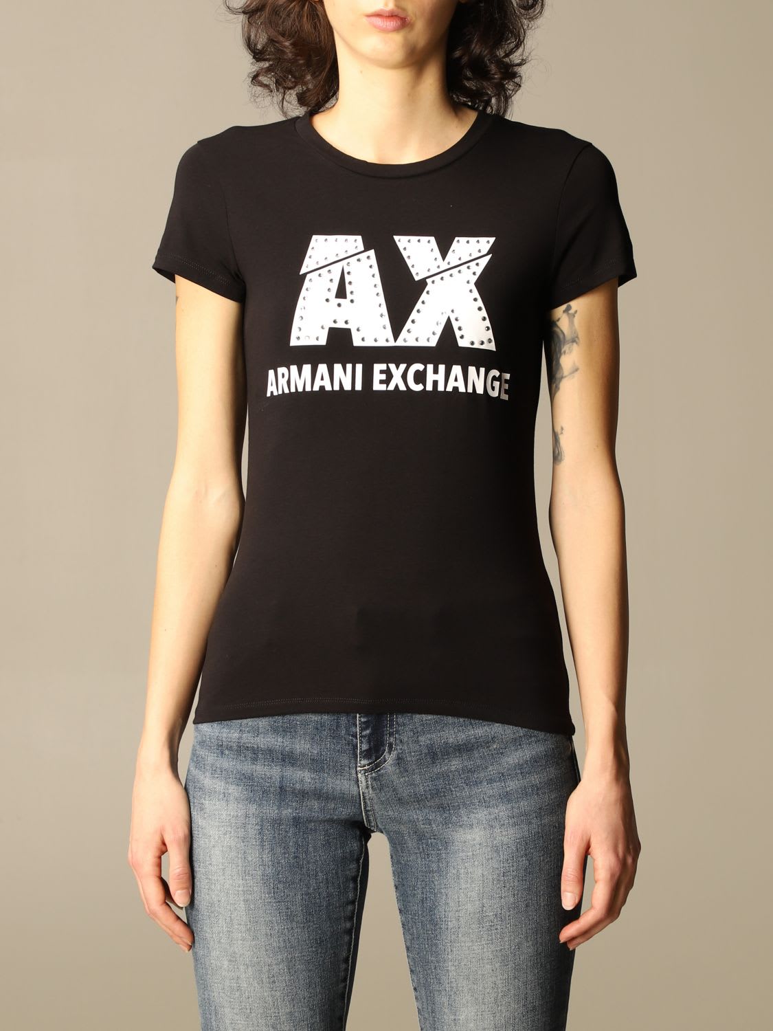 Armani Collezioni Armani Exchange T-shirt Half Sleeve Round Neck With Rhinestone Logo