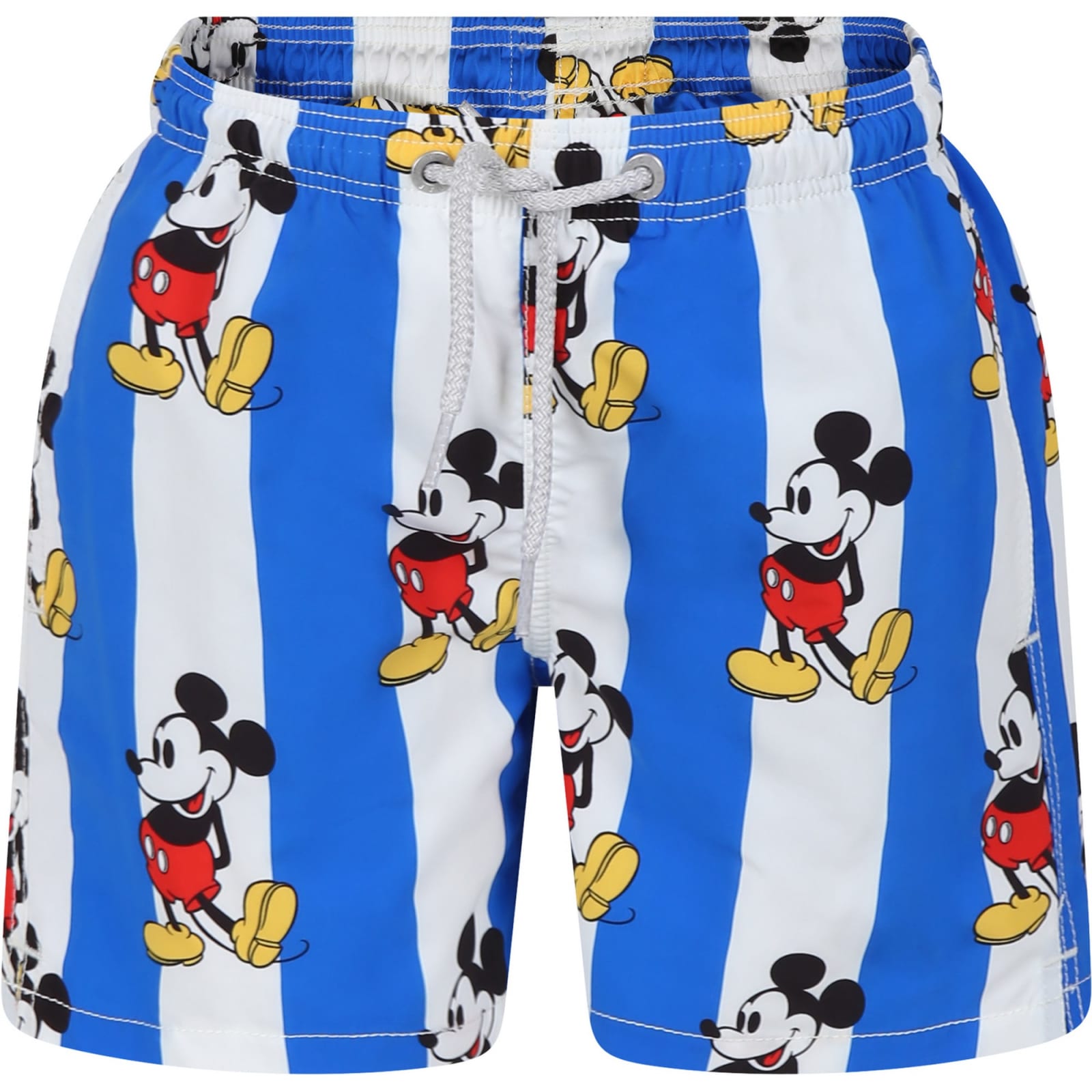 Mc2 Saint Barth Kids' Light Blue Swim Shorts For Boy With Mickey Mouse Print And Logo