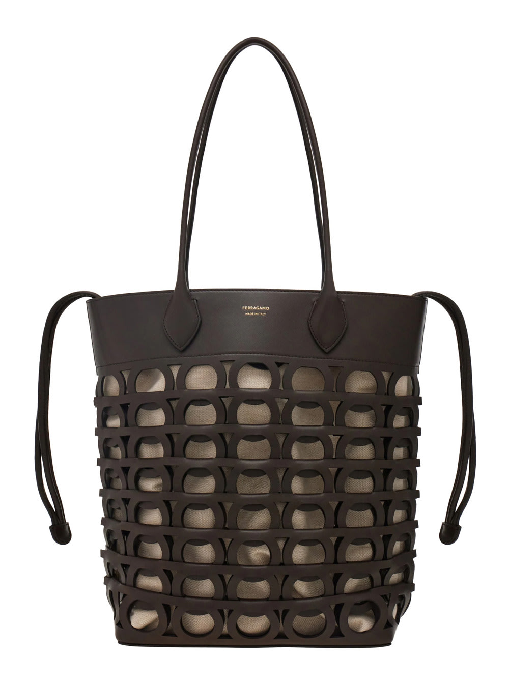 FERRAGAMO BLACK TOTE BAG WITH CUT-OUT AND MAGNETIC CLOSURE AND DRAWSTRING CLOSURE IN LEATHER WOMAN 