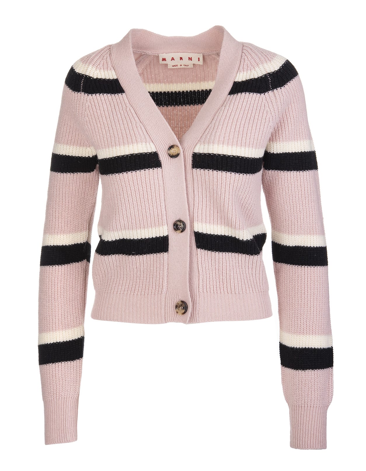 Marni Woman Pink Wool Cardigan With White And Black Stripes