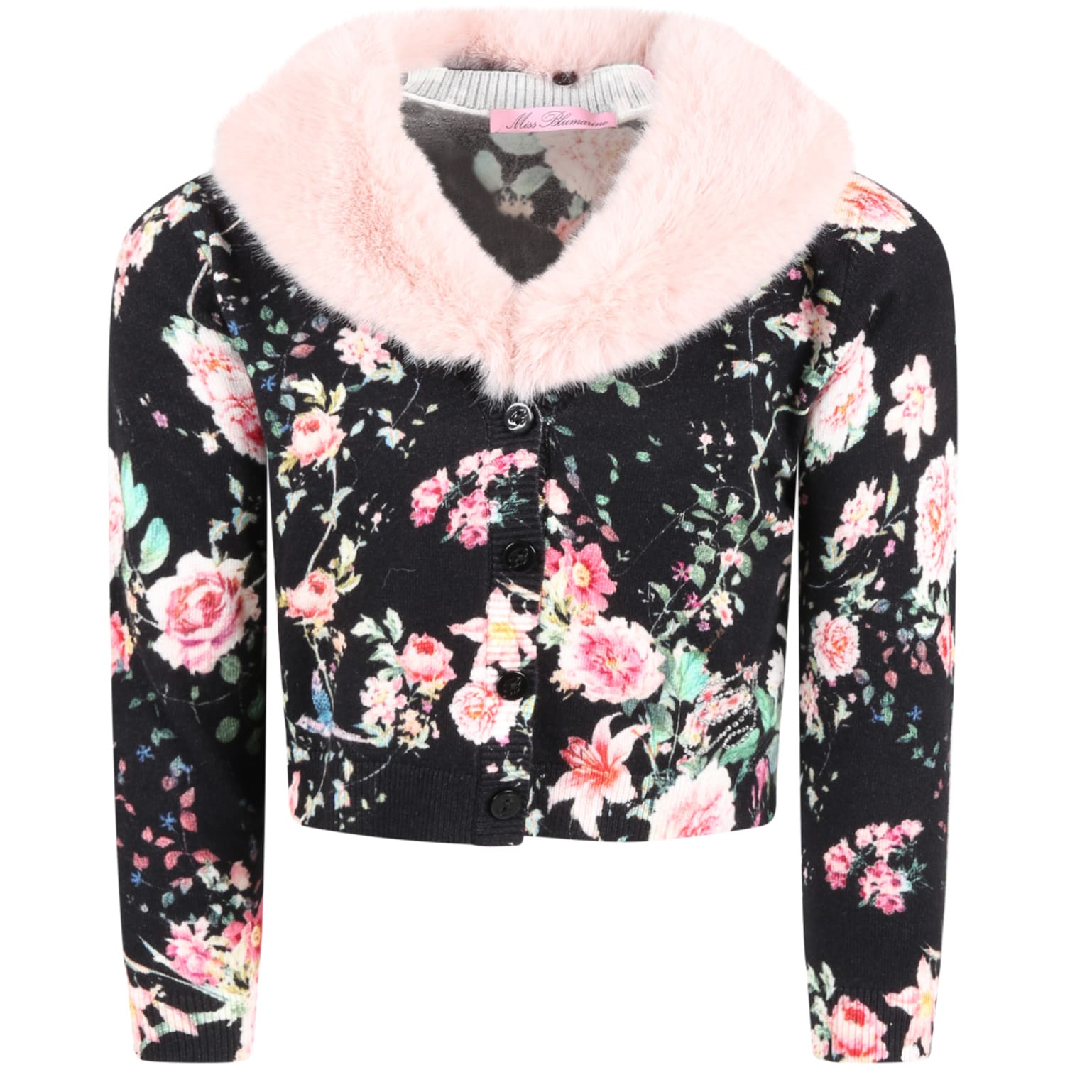 Blumarine Kids' Black Cardigan For Girl With Flowers In Multicolor