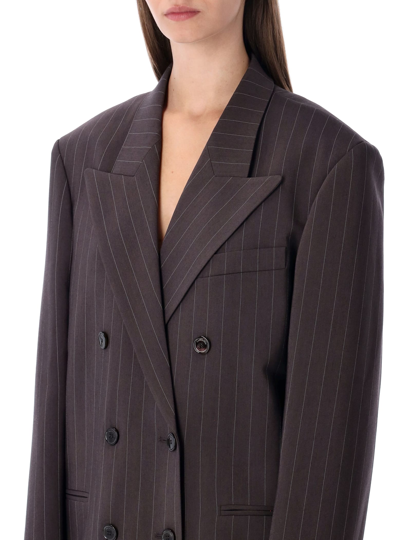 Magda Butrym Double Breasted Pinstripe Front Pocket Jacket In Brown