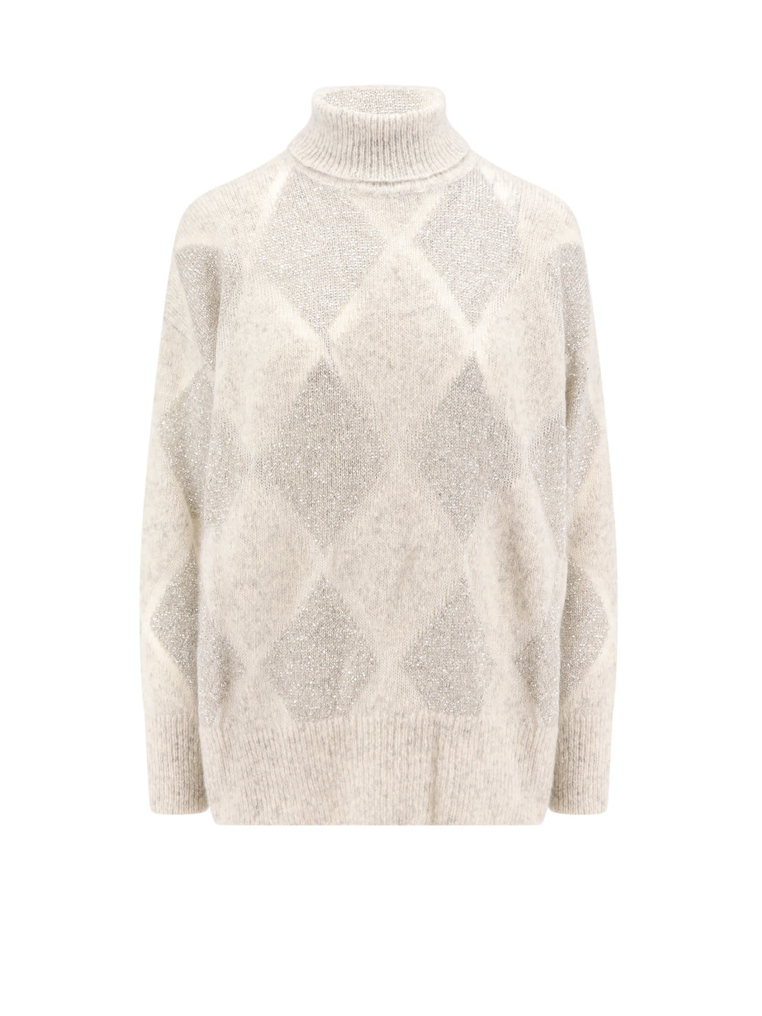 Shop Brunello Cucinelli Bright Argyle Turtleneck Pullover In Pearl