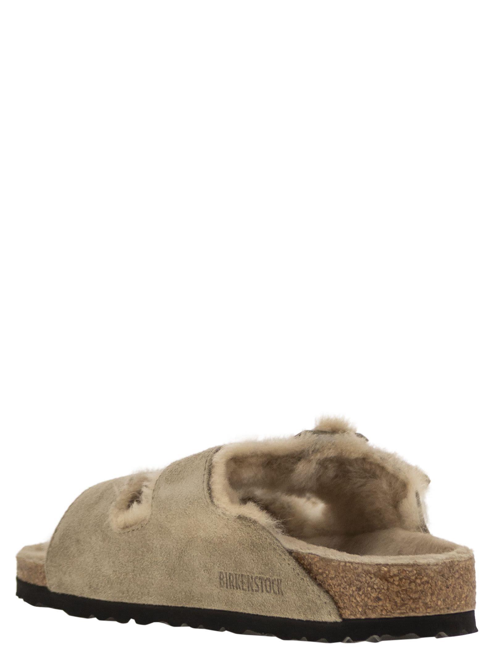 Shop Birkenstock Arizona - Suede Lamb Fur Slipper In Turtledove