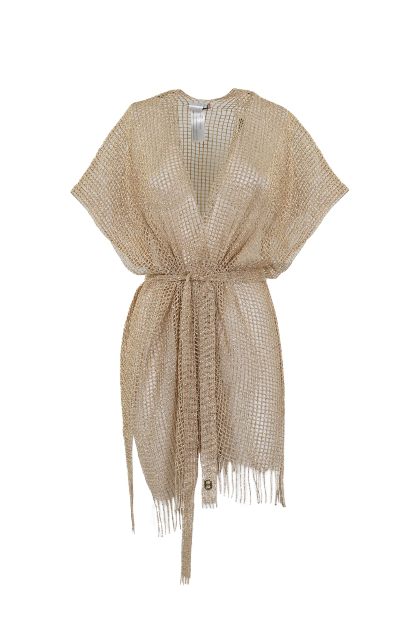 Shop Twinset Fishnet Kimono With Fringes In Gold