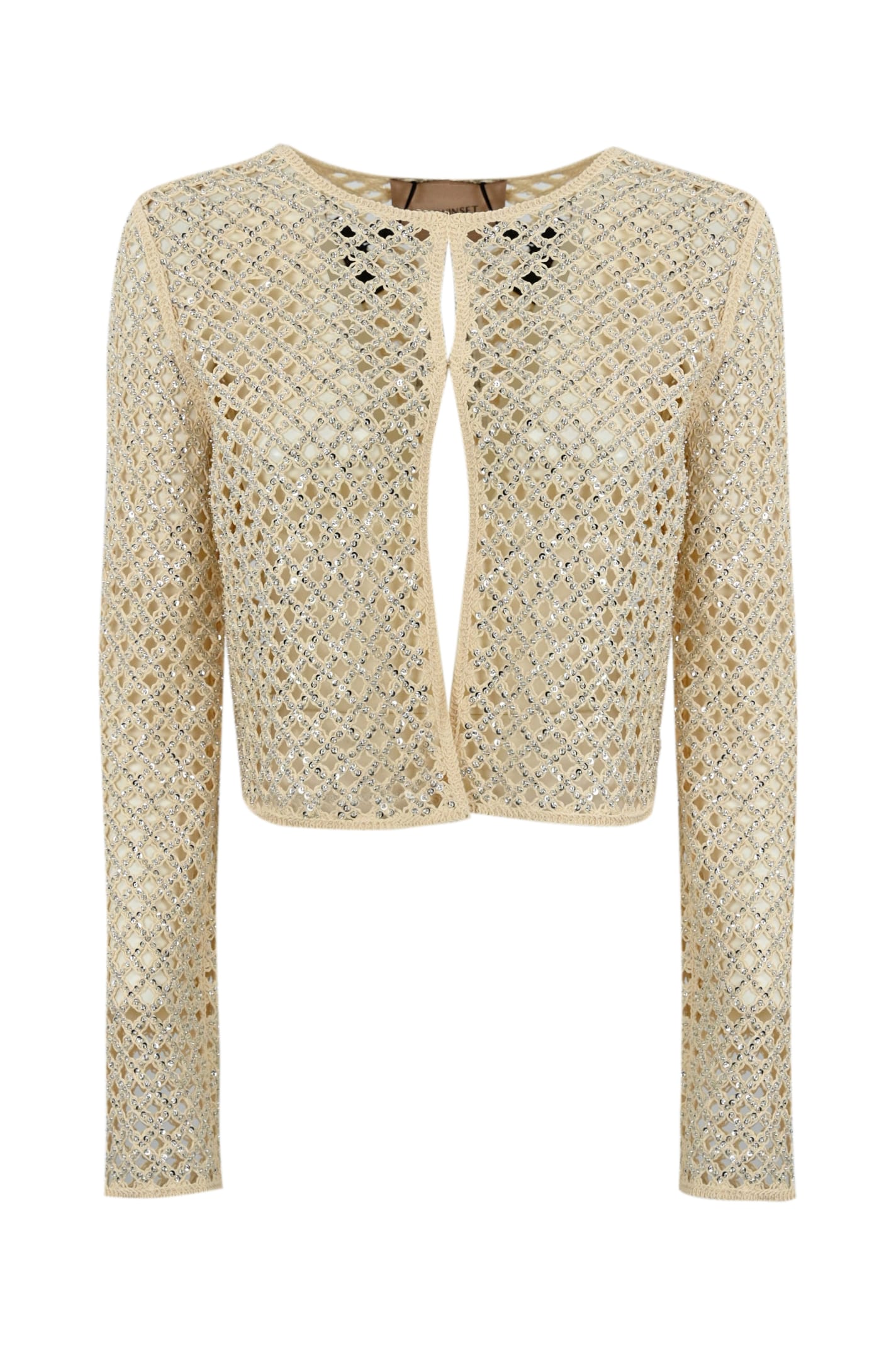 Shop Twinset Mesh Cardigan With Beads And Rhinestones In Beige
