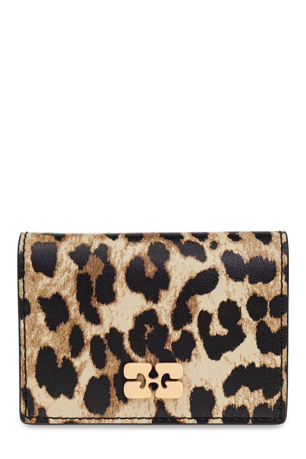 Ganni Brown Card Holder With Butterfly Logo And All-over Leopard Motif In Leather Blend Woman In Animal Print