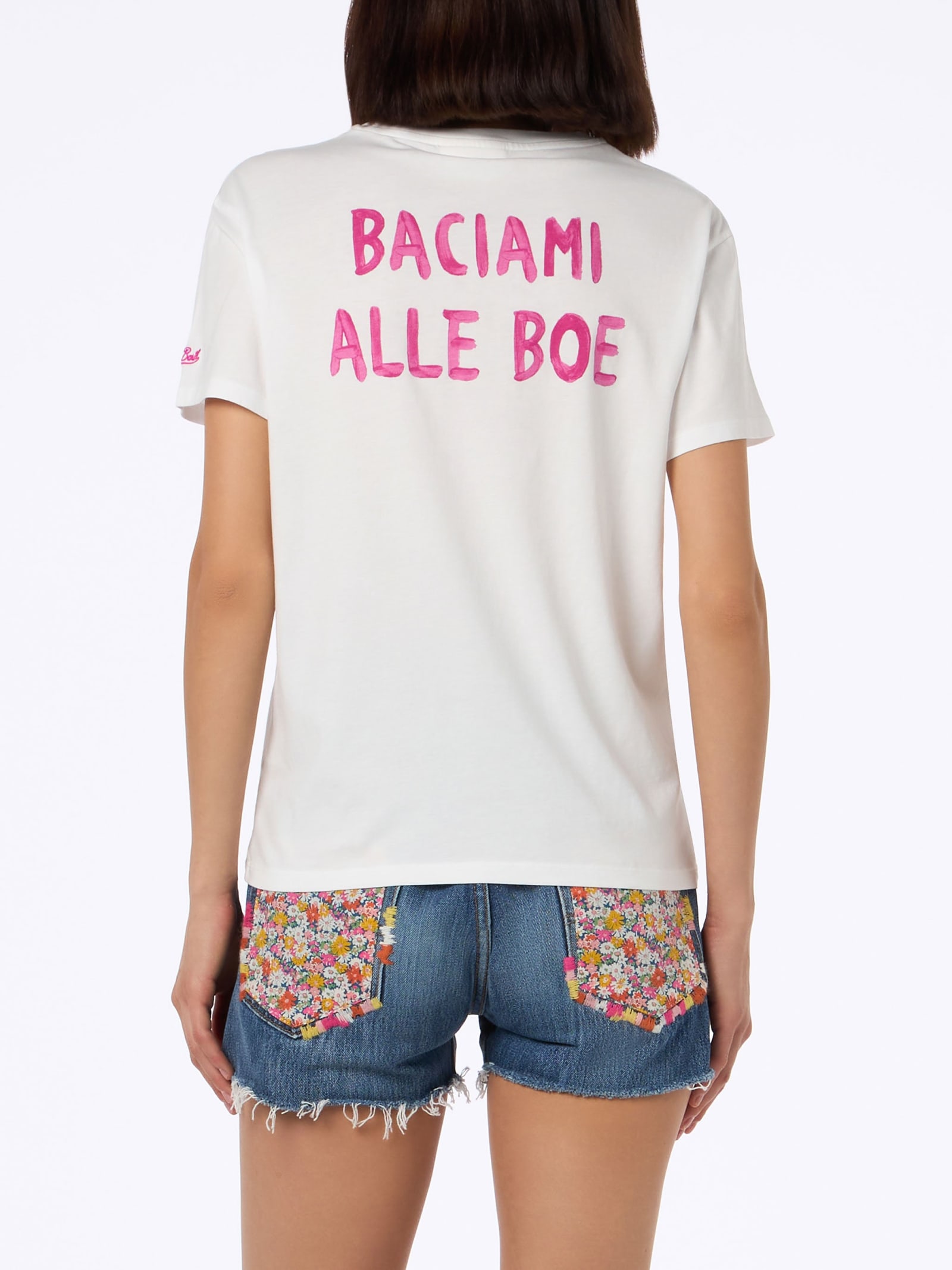 Mc2 Saint Barth Woman Cotton Jersey Crewneck T-shirt Emilie With Baciami Alle Boe Print Alle Boe Special Edition In White