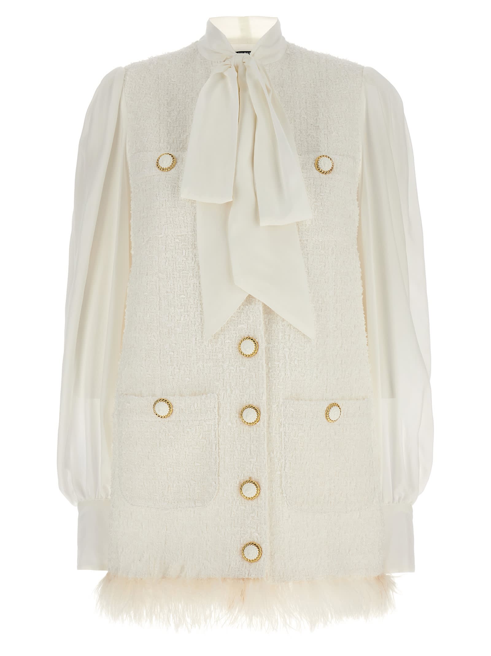 Shop Balmain Silk Insert Tweed Dress In White