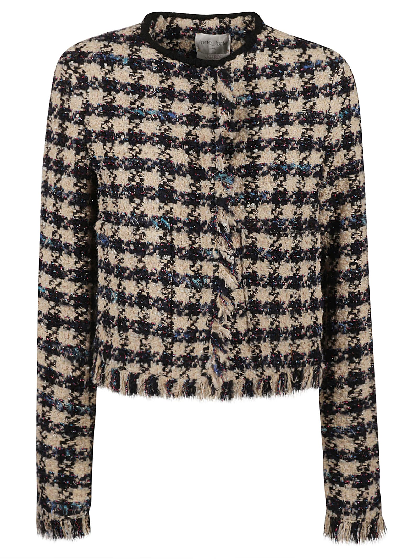 Shop Forte Forte Houndstooth Pattern Fringe Trimmed Cardigan In Blue/panna