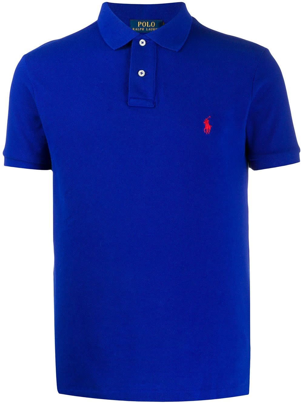 Ralph Lauren Man Royal Blue And Red Slim-fit Pique Polo Shirt