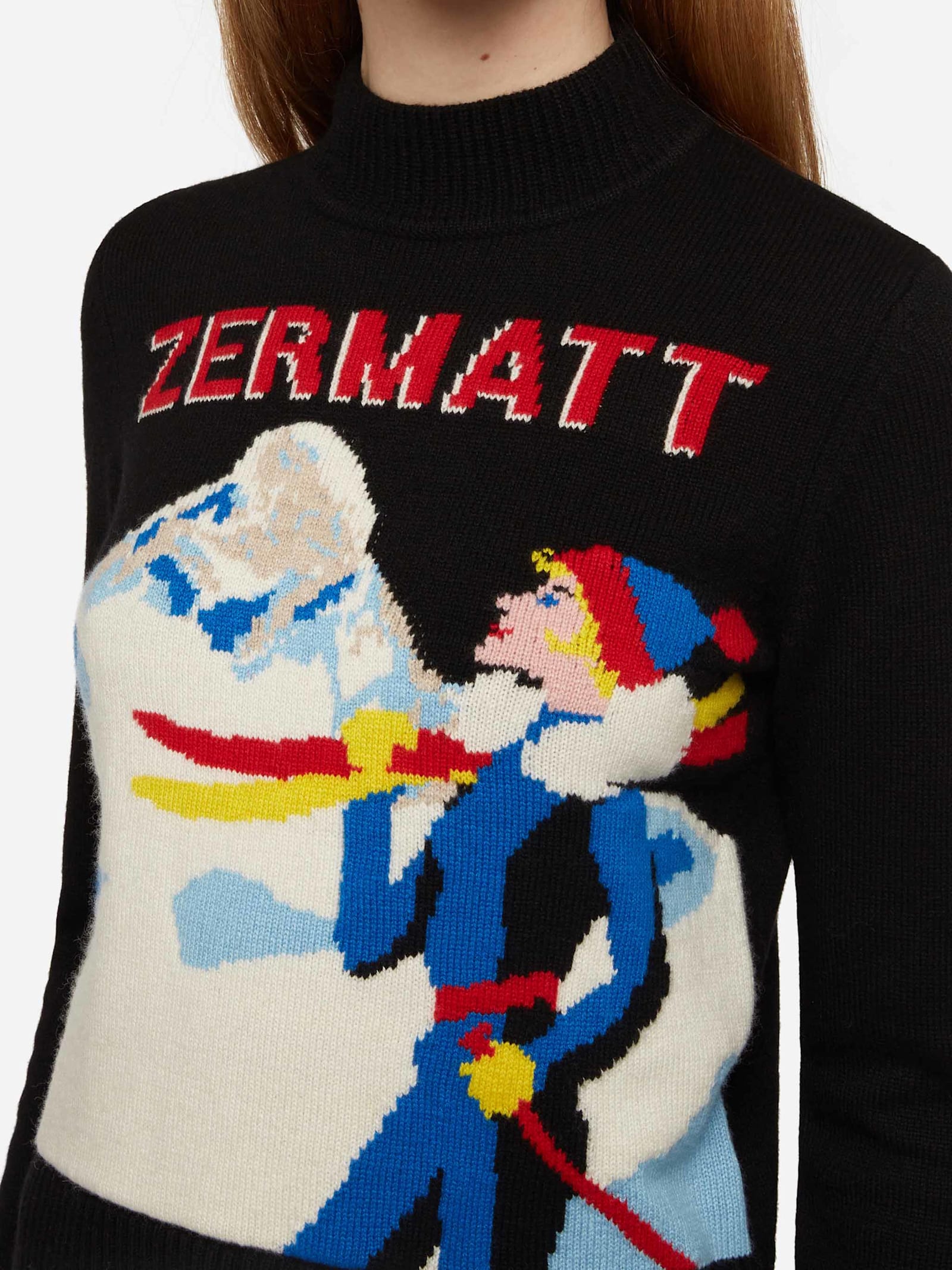Mc2 Saint Barth Crewneck Sweater New Queen With Zermatt Postcard Jacquard In Black