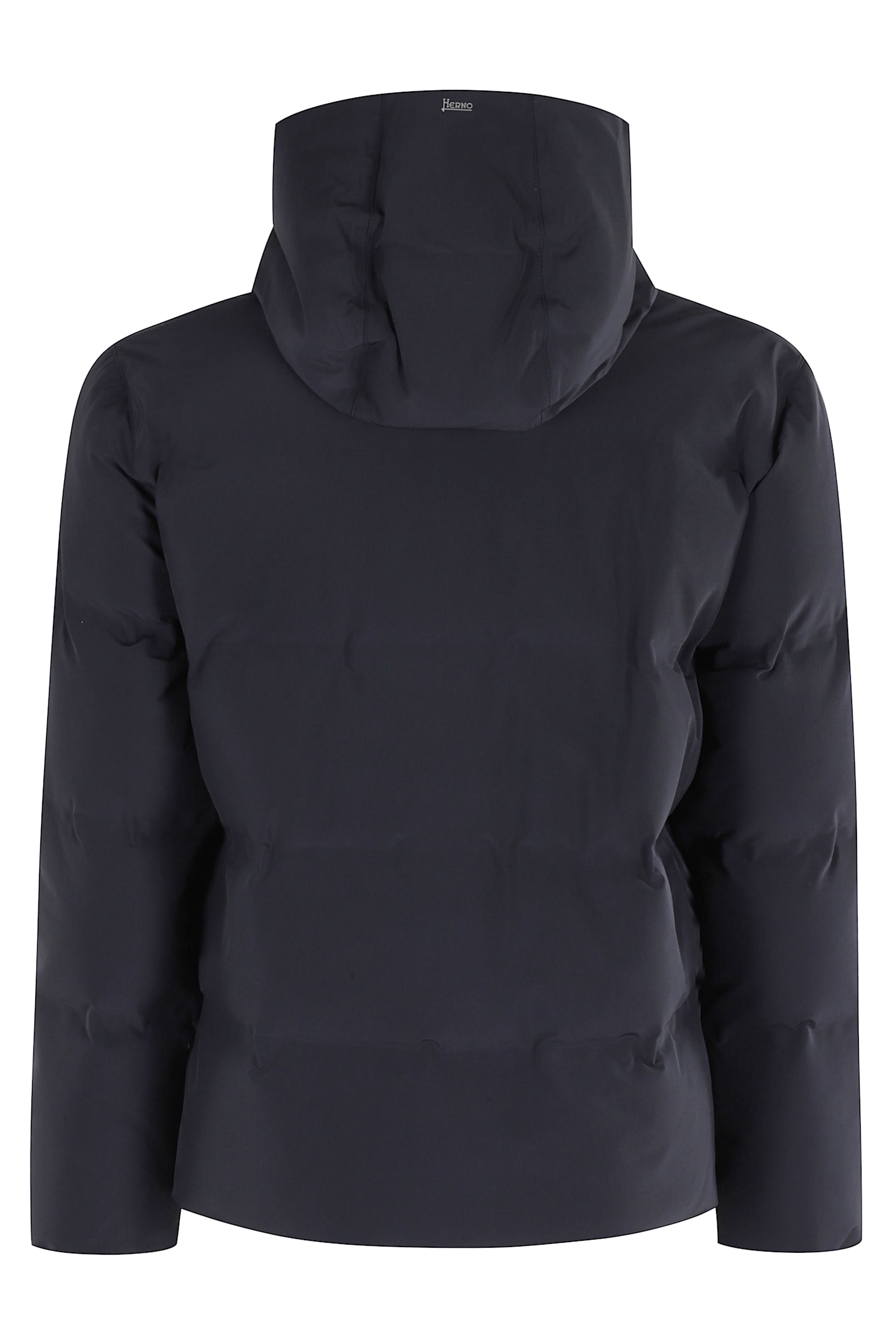 Herno High-collar Hooded Down Jacket With Logo Detail In Blue