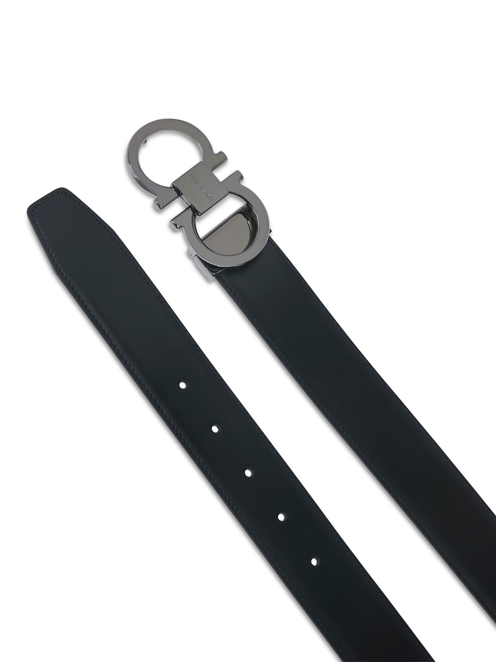 Ferragamo Polished Double Gancini Buckle Belt In Calf Leather In Black