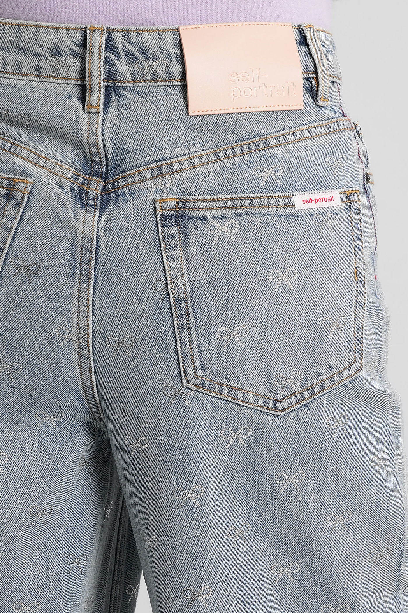 Self-portrait Light Blue Wide-leg Jeans With Crystal Embellishment And Classic Five-pocket Design In Gray